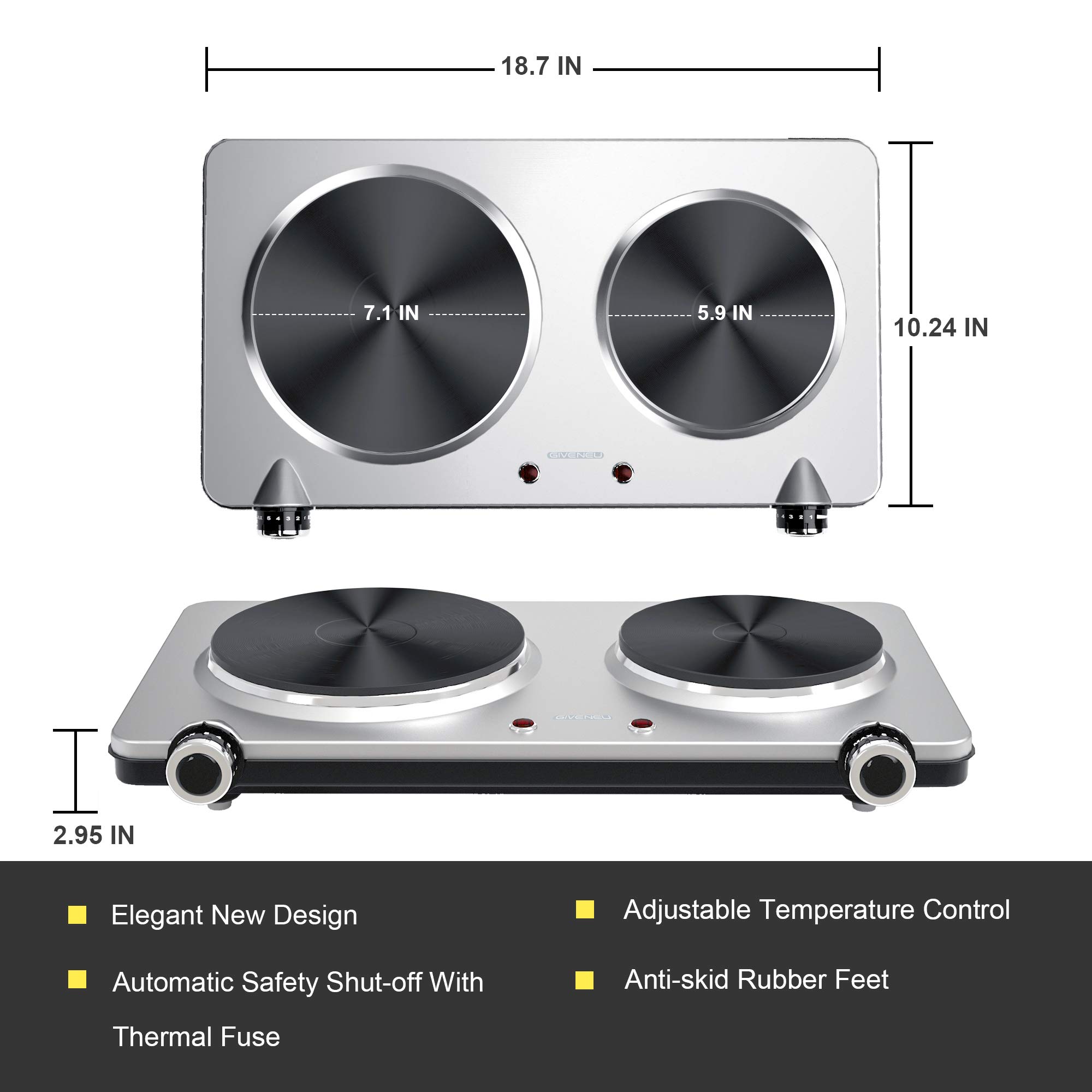 1800W Portable Electric Double Burner Hot Plate - 6-Speed Adjustable Thermostat, Stainless Steel Cooktop for Kitchen, Dorm & Camping | Perfect for Small Space Cooking, RV Trips & Outdoor Adventures