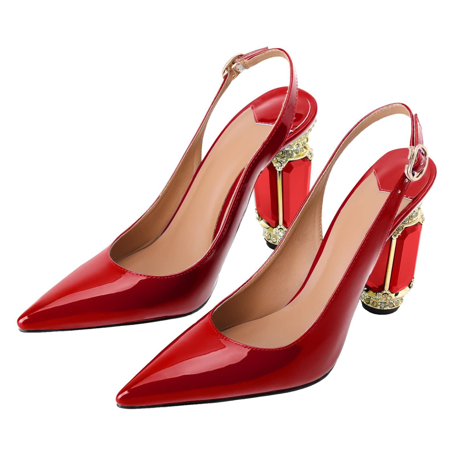MIRAAZZURRA Women's Crystal Chunky High Heel Pumps - Slingback Pointed Toe Wedding & Party Shoes for Women - Perfect for Bridal, Prom, Evening Gowns & Formal Events