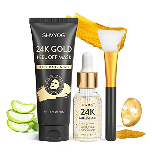 24K Gold Blackhead Remover Peel Off Mask - 3-in-1 Deep Cleansing Facial Treatment with Serum & Brush for Blackheads, Whiteheads, Pores & Acne - 80g + 20ml - Perfect for Spa Day & At-Home Skincare Routine
