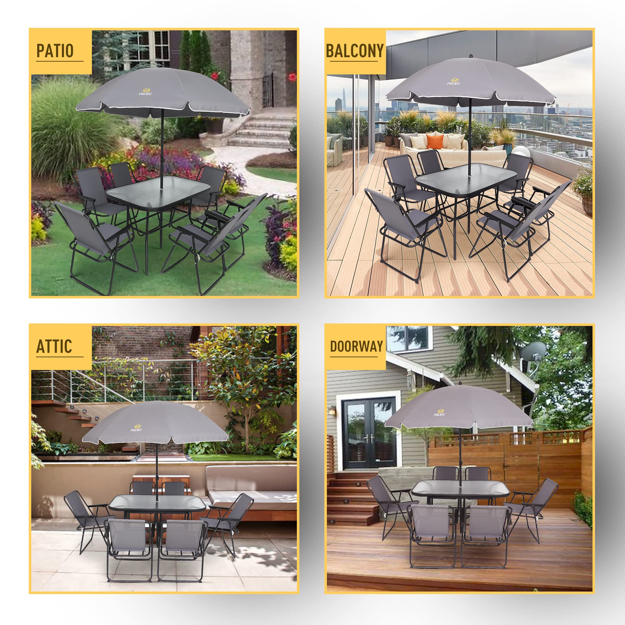 Premium 8-Piece Outdoor Dining Set with Umbrella - Patio Furniture Set with Glass Table & 6 Folding Chairs (Grey) - Perfect for Garden, Backyard, Poolside & Outdoor Entertaining