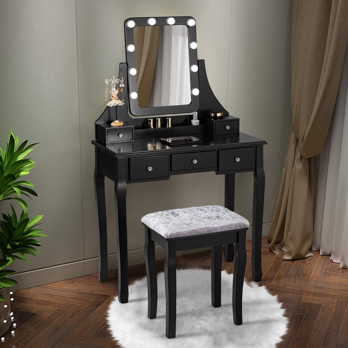 Modern Vanity Set with LED Lighted Mirror & Storage Drawers - 360° Rotatable Makeup Dressing Table with Cushioned Stool, Bedroom Furniture for Women | Perfect for Small Spaces, Makeup Application & Home Decor (Black)