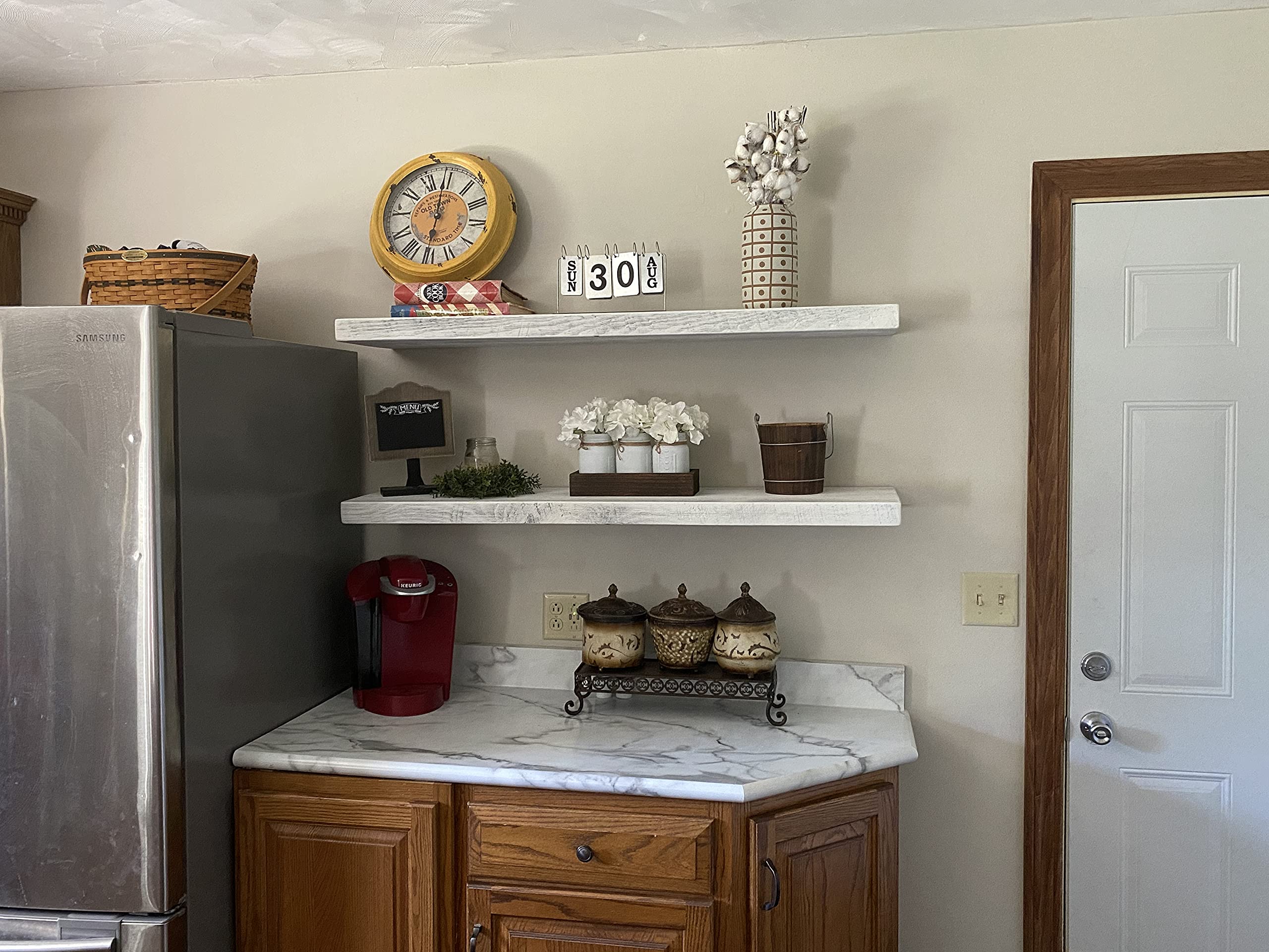 Joel's Antiques 60-Inch Floating Wall Shelf - Rustic Wooden Wall-Mounted Display Stand for Bathroom, Kitchen, Living Room, Bedroom & Farmhouse Decor - White (60