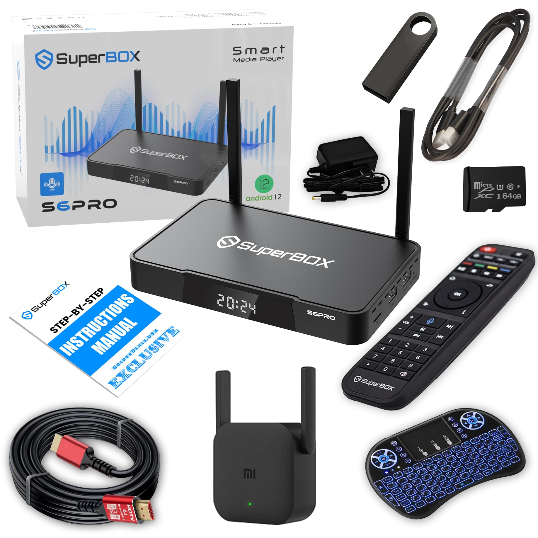 2025 S6 PRO Android TV Box Bundle - 8K HDMI Cable, 64GB Card & USB, WiFi Extender, Backlit Keyboard, Voice Remote | Android 12, 4GB RAM, 32GB Storage | Perfect for Home Theater, Streaming & Gaming