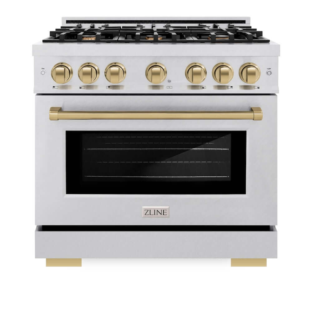 ZLINE Autograph Edition 36-inch 5.2 cu. ft. Dual Fuel Range with 6-Burner Gas Cooktop & Electric Convection Oven - Satin Stainless Steel with Champagne Bronze Accents (HDRSZ 36 CB) - Perfect for Gourmet Cooking & Modern Kitchens