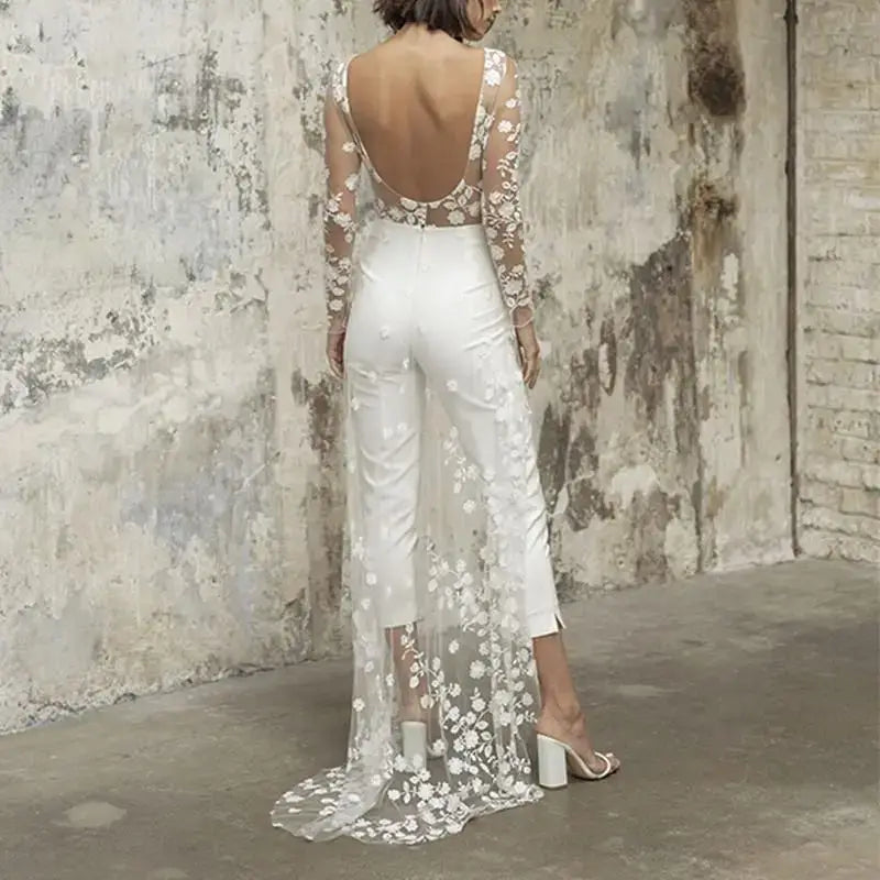 Elegant Floral Lace Backless Wedding Dress Jumpsuit - Perfect for Beach Weddings, Vow Renewals & Romantic Photoshoots