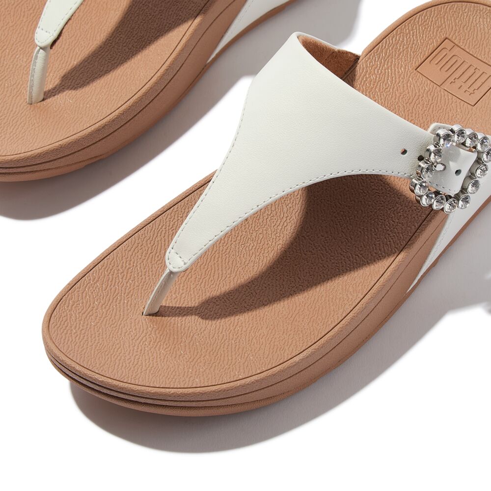 FitFlop Lulu Crystal Buckle Leather Sandals for Women - Comfortable Orthopedic Flip Flops with Arch Support - Urban White Summer Beach Walking Shoes for Vacation & Casual Outings
