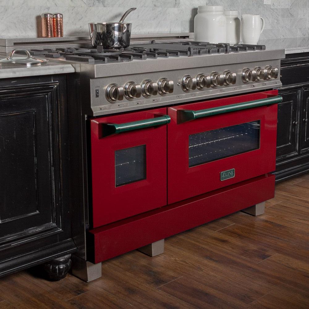 ZLINE 48-Inch 6.0 cu.ft Dual Fuel Range with 7-Burner Gas Cooktop & 2 Electric Ovens - Satin Stainless Steel & Red Gloss Doors (RAS RG 48) | Professional Kitchen Appliance for Home Chefs & Cooking Enthusiasts | Perfect for Baking, Roasting & Large Family Meals