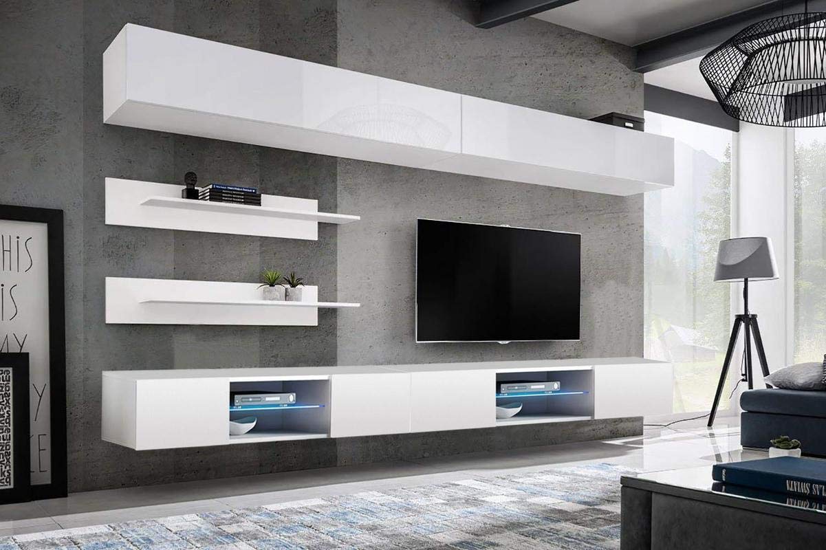 Modern White Wall-Mounted TV Stand with Storage Shelves & LED Lights - 33