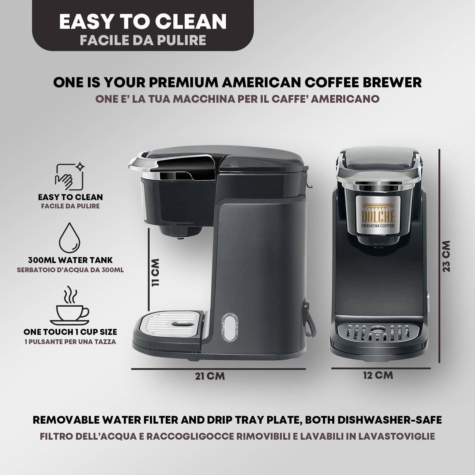 Dolché ONE Single Serve Coffee Maker - Compatible with Keurig K-Cups 2.0 & American Coffee Pods - Fast Brewing with Auto-Off - Perfect for Home, Office & Dorm - Black (UK Plug)