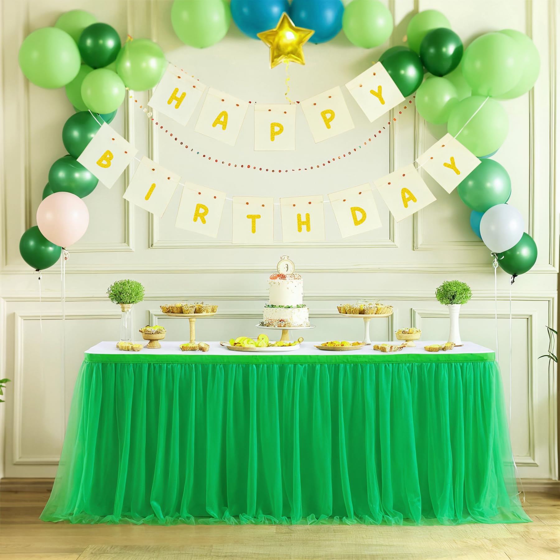 Suppromo 9ft Green Tulle Table Skirt - Elegant Ruffle Tutu Tablecloth for Rectangle & Round Tables | Perfect for Birthday Parties, Baby Showers, Jungle Luau & Safari Theme Decorations | Wedding, Bridal Shower & Holiday Party Table Decor
