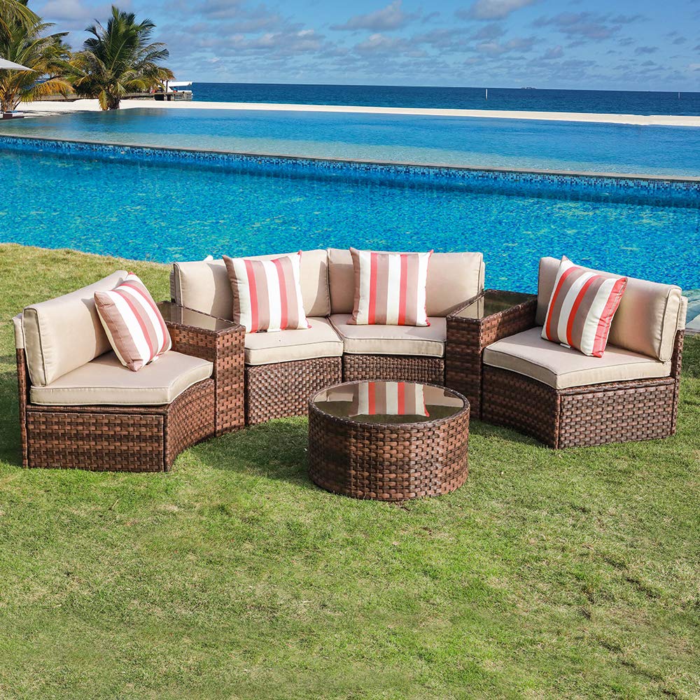 7-Piece Patio Furniture Set with Waterproof Cover - Brown PE Wicker & Beige Cushions for Outdoor Living | SUNSITT Half-Moon Sectional Sofa Set | Perfect for Backyard, Poolside & Garden Relaxation