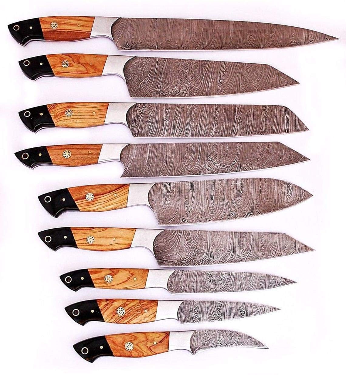 Premium Damascus Steel Chef Knife Set - 9-Piece Handcrafted Kitchen Knives with Leather Sheath | Professional Cooking, Meat Cutting & Gourmet Food Preparation