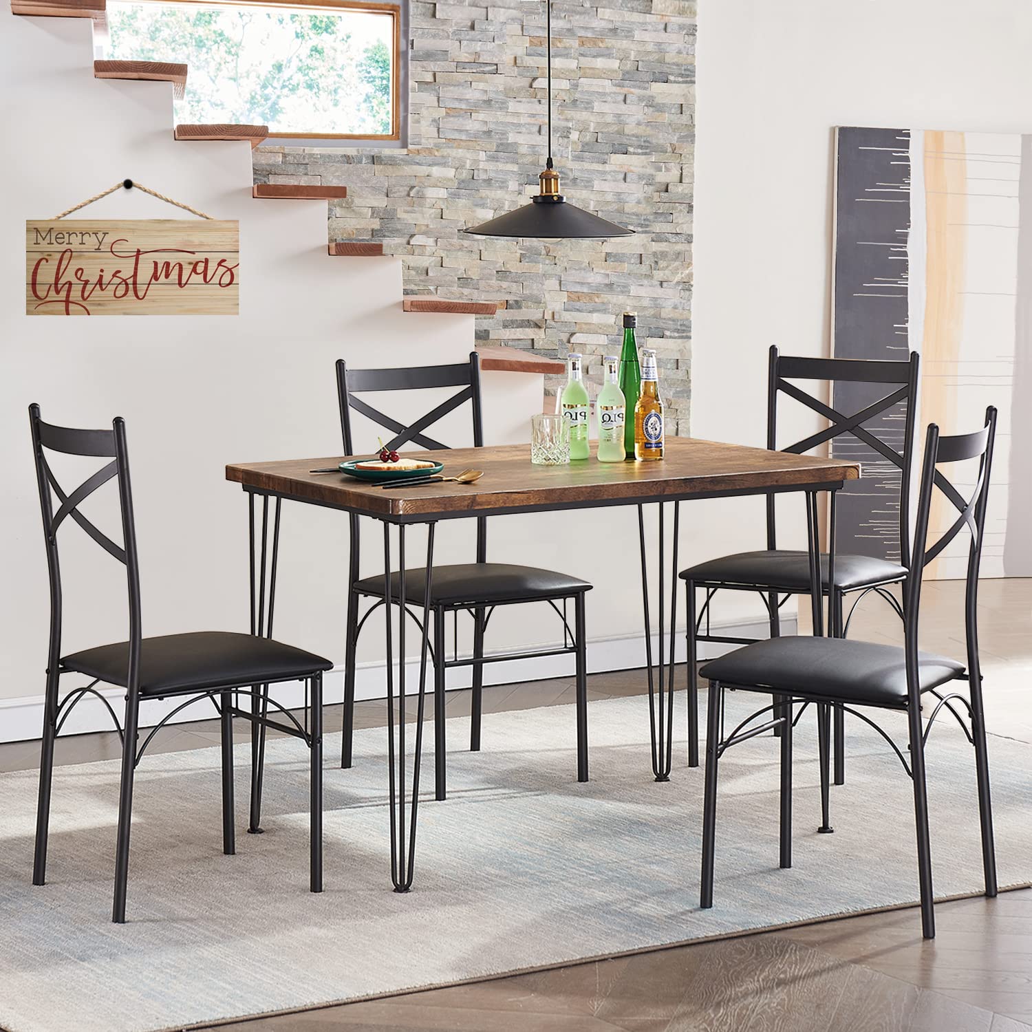 VECELO 5-Piece Kitchen Dining Set - Farmhouse Style Table & Chairs for Small Spaces, Breakfast Nook, Dinette - Rustic Brown Finish | Perfect for Apartments, Condos & Cozy Homes