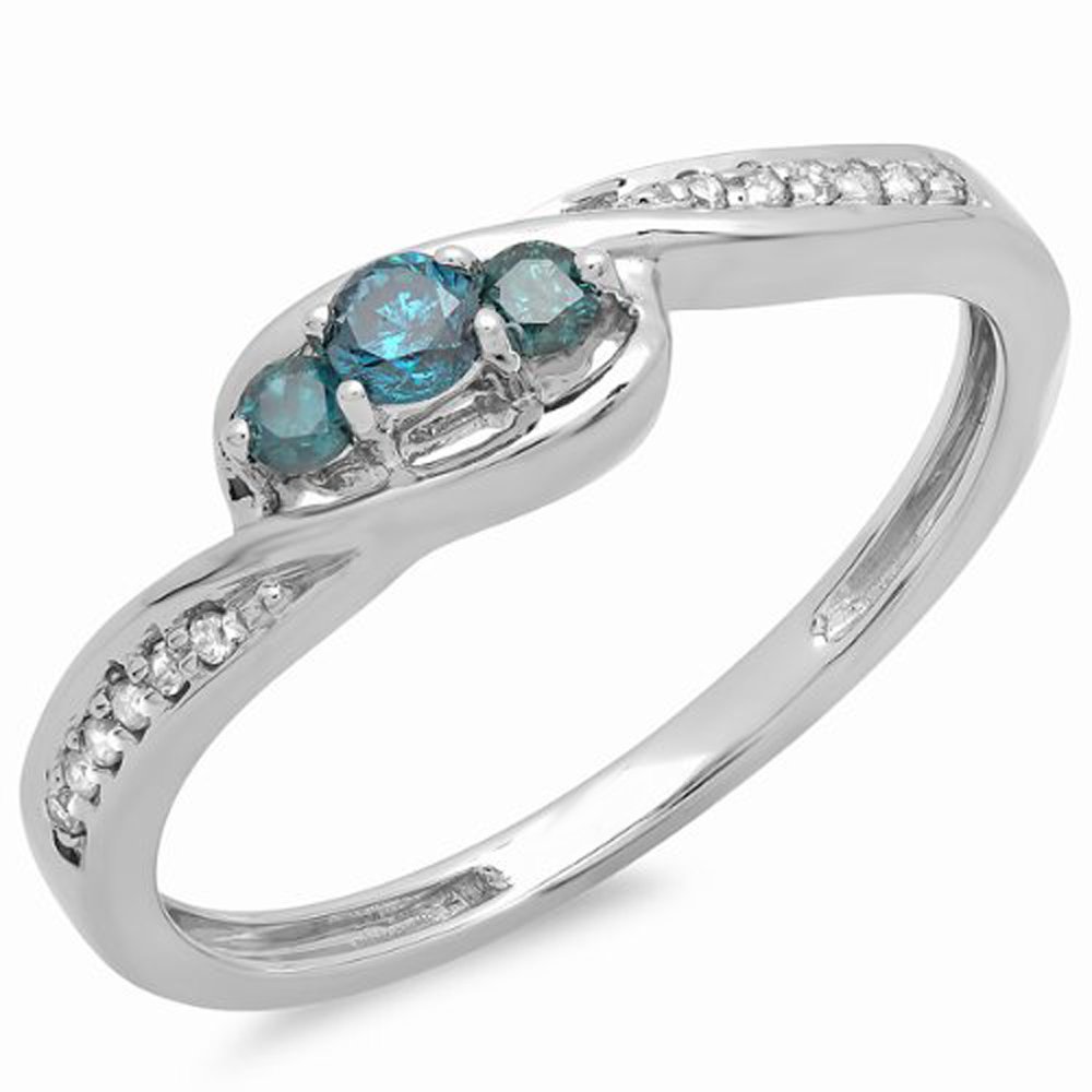 14K White Gold 0.25 Carat Round Blue & White Diamond 3-Stone Promise Ring for Women - Dazzlingrock Collection, Perfect for Engagement, Anniversary & Romantic Gifts
