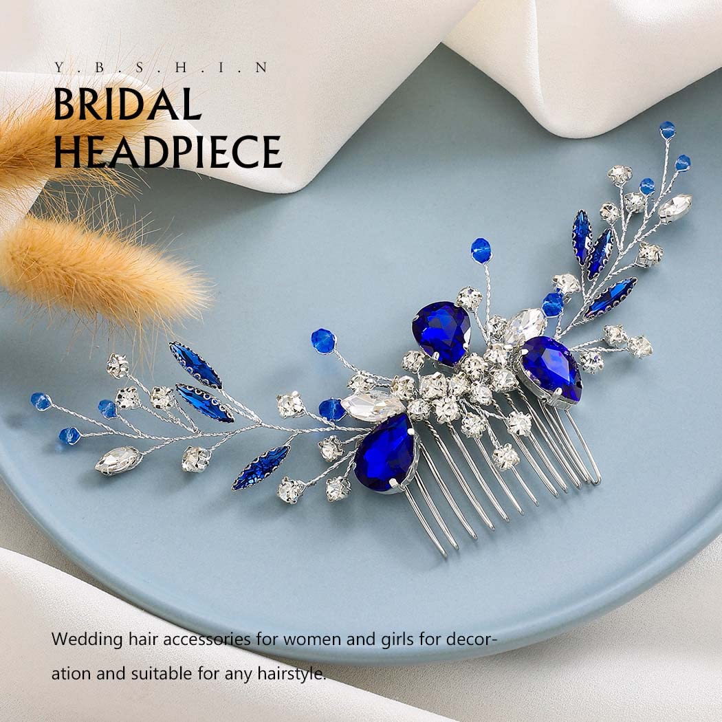 YBSHIN Blue Rhinestone Hair Comb - Elegant Wedding Hair Accessories for Brides, Silver Bridal Headpieces, Women's Decorative Hair Combs | Perfect for Weddings, Proms & Special Occasions