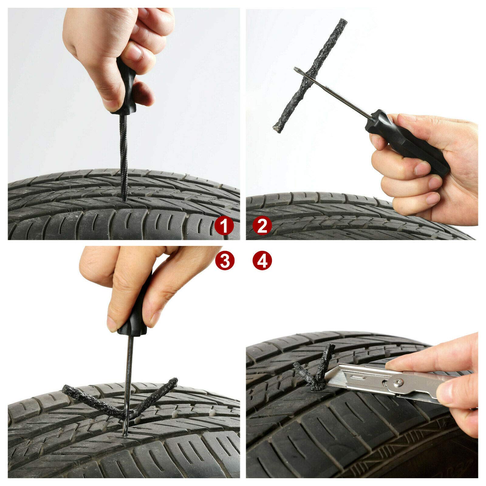Hyper Tough 5-Piece Tire Plug Kit with Rasp & Insertion Tools - 3 Heavy Duty Repair Strings for Car, Truck & Motorcycle Flat Tire Emergency Repair