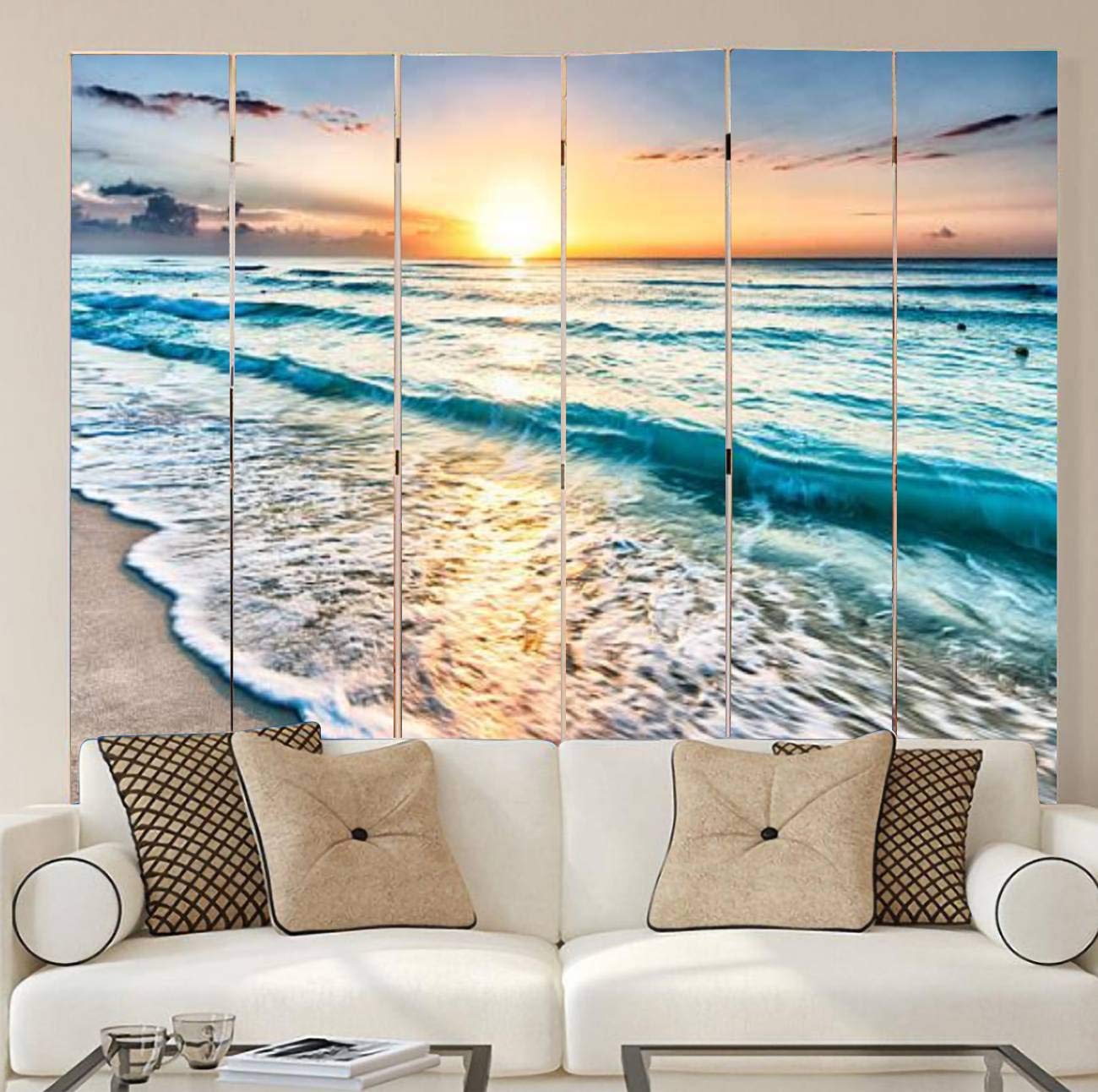 Wooden Room Divider with Sunrise Beach Canvas - 6-Panel Folding Privacy Screen for Home & Office | Dual-Sided Decorative Partition with Display Shelves | Perfect for Living Rooms, Bedrooms, and Workspaces