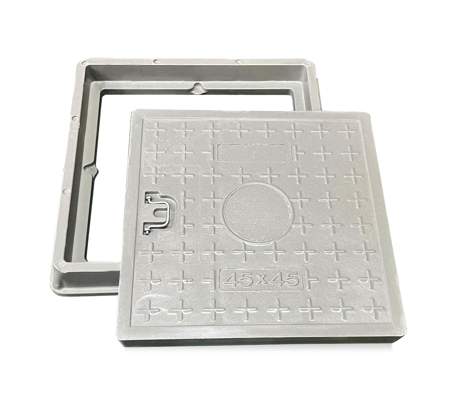 18x18in Fiberglass Manhole Cover & Frame - 14x14in Clear Opening, 16x16in Solid Top Cover - Reinforced Steel Septic Tank Lid with Handle - Durable Sewer Cover for Underground Utility Access & Drainage Systems