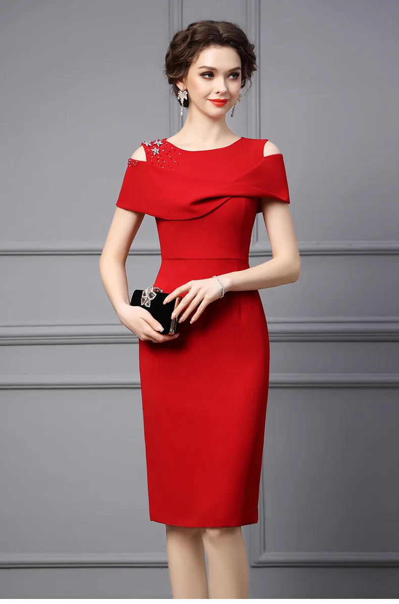 Elegant Red Beaded Diamond Party Dresses for Women - Luxury Off Shoulder Prom Gown, Summer Cocktail Dress for Evening Events, Weddings & Special Occasions