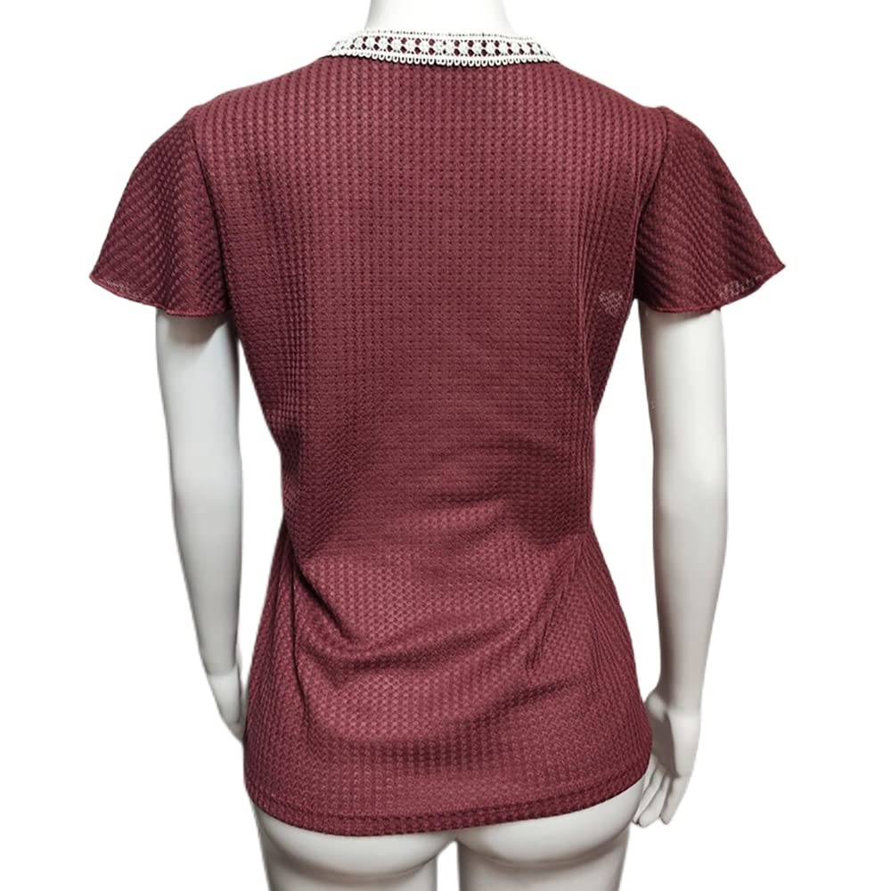 Women's Waffle Knit Crochet Embellished Collar Cap Sleeve Boho Summer Top - V-Neck Loose Fit T-Shirt for Casual Outings & Beach Vacations