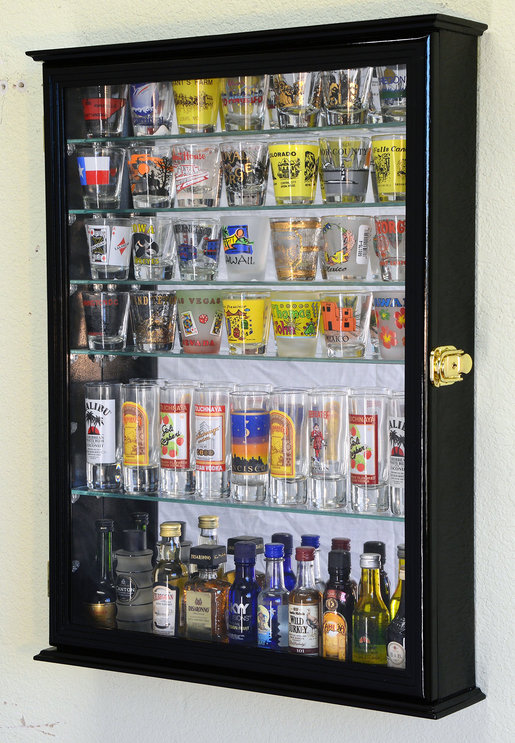 Black Large Mirror Backed 7-Shelf Glass Shot Glass Display Cabinet - Perfect for Bars, Restaurants, and Home Entertainment Spaces