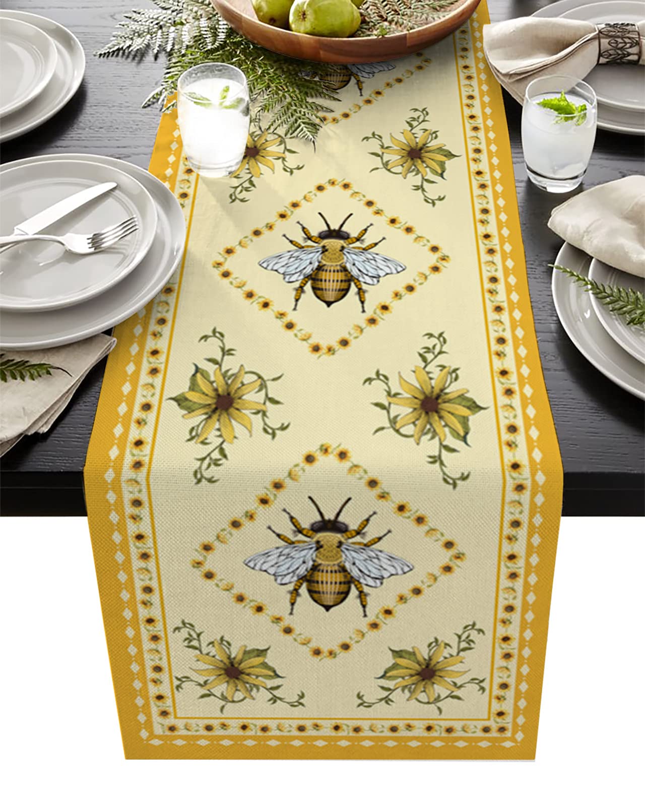 IDOWMAT 13x108 Inch Retro Bee & Sunflower Table Runner - Yellow Border Farmhouse Decor for Kitchen, Dining Table, Wedding & Party - Non-Slip Rectangle Table Setting Scarf for Home Decor & Special Occasions