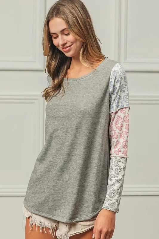 BiBi French Terry Paisley Triblend Color Block Sweatshirt - Soft Casual Pullover for Women | Perfect for Lounge Wear, Yoga & Everyday Comfort