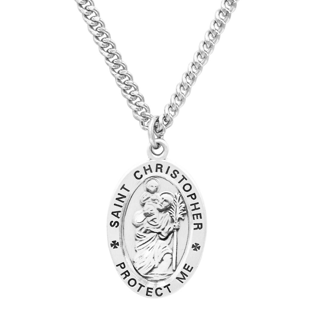 Men's Sterling Silver Saint Christopher Protect This Athlete Sports Medal Pendant Necklace - 24 Inch Religious Gift for Athletes - Perfect for Running, Cycling & Outdoor Sports Protection