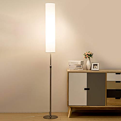 Modern LED Floor Lamp with Cylinder Fabric Shade - Minimalist White Standing Light for Living Room, Bedroom & Hotel - Perfect for Reading, Bedside Nightstand & Ambient Lighting