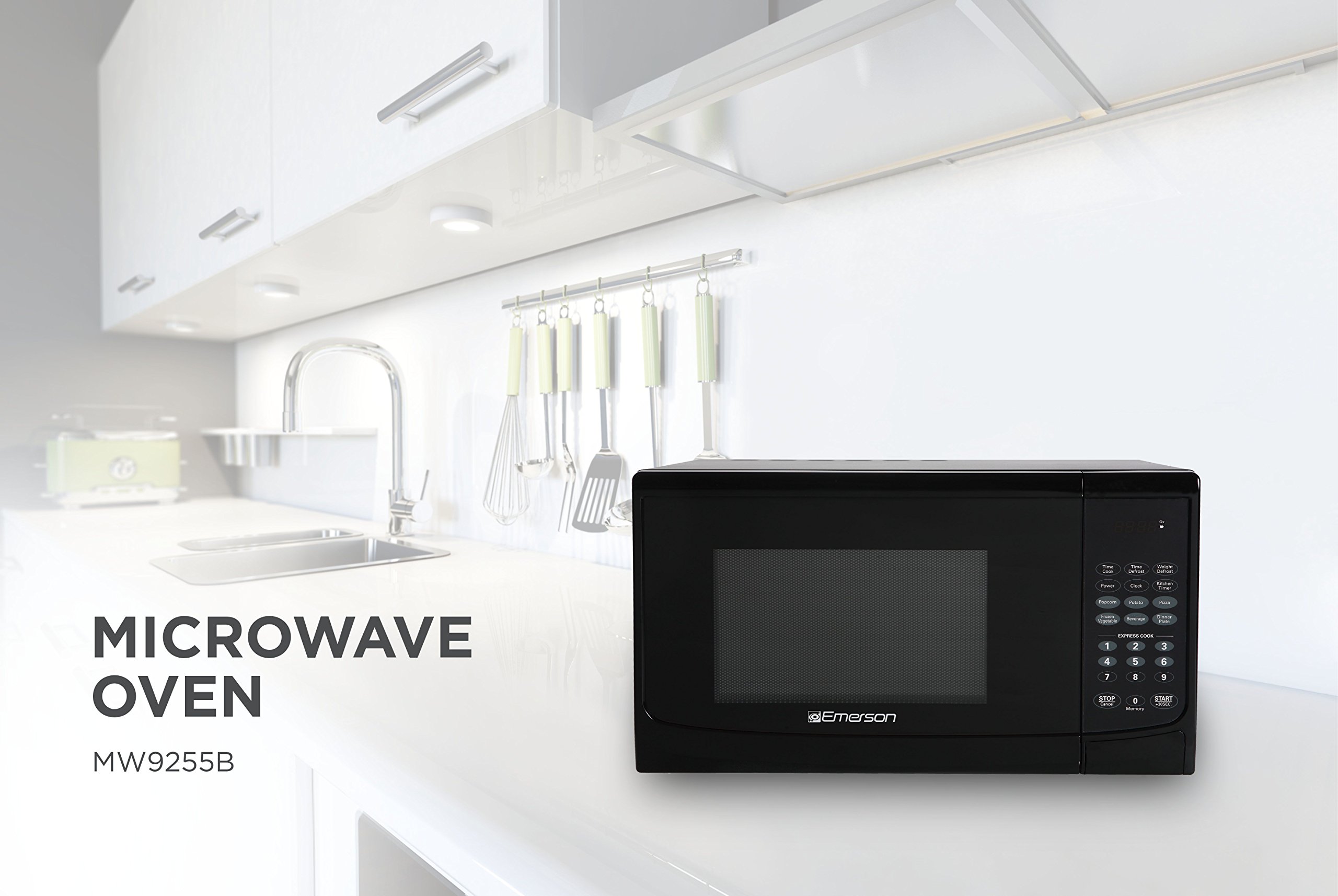 Emerson MW9255B 0.9 Cu ft Countertop Microwave Oven - 900W, 6 Pre-Programmed Settings, Removable Glass Turntable, Child Safety Lock, Black - Perfect for Small Kitchens, Dorms, and Office Break Rooms