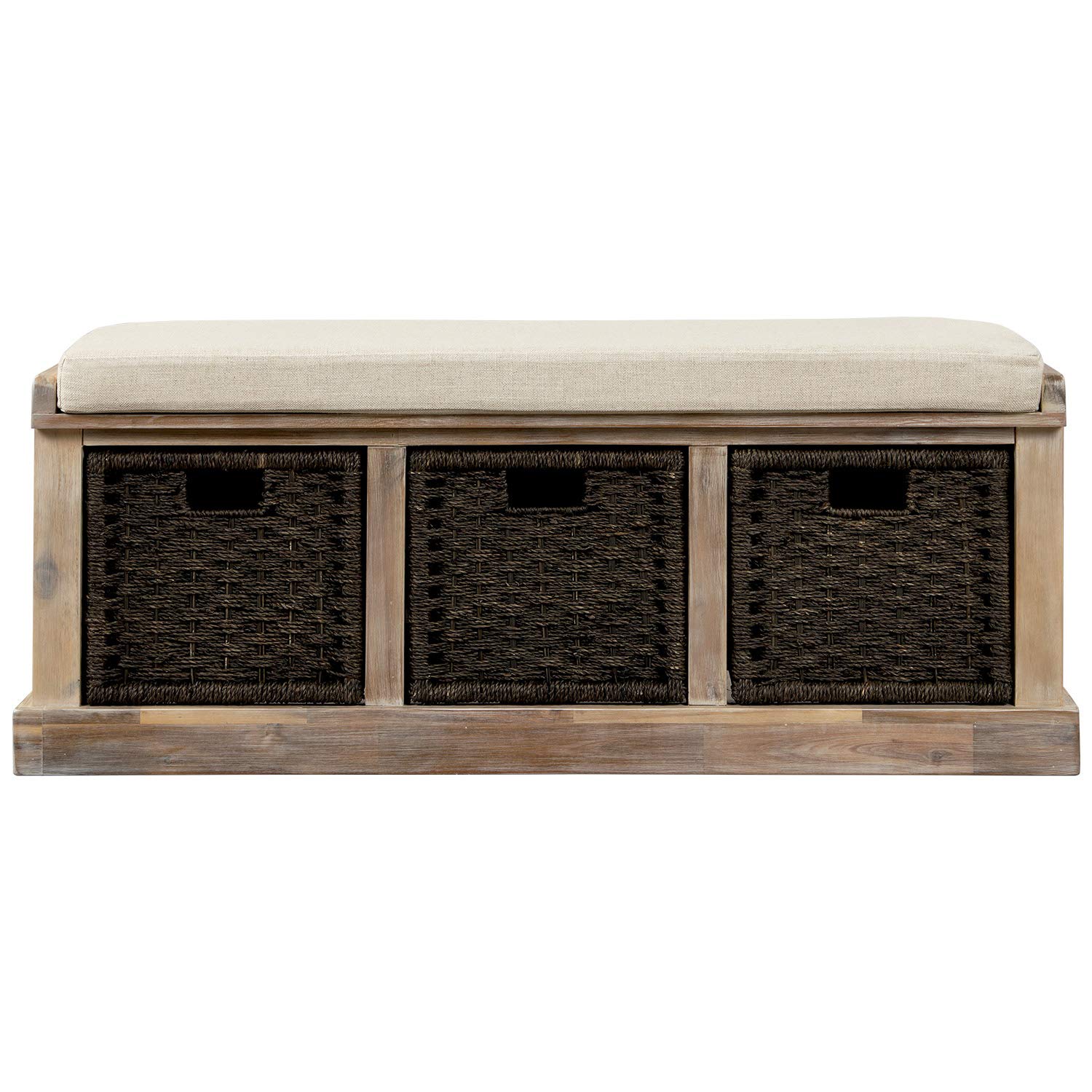 Rustic Acacia Wood Entryway Storage Bench with 3 Removable Rattan Baskets & Cushion - White Washed Farmhouse Style for Hallway, Living Room & Bedroom Organization