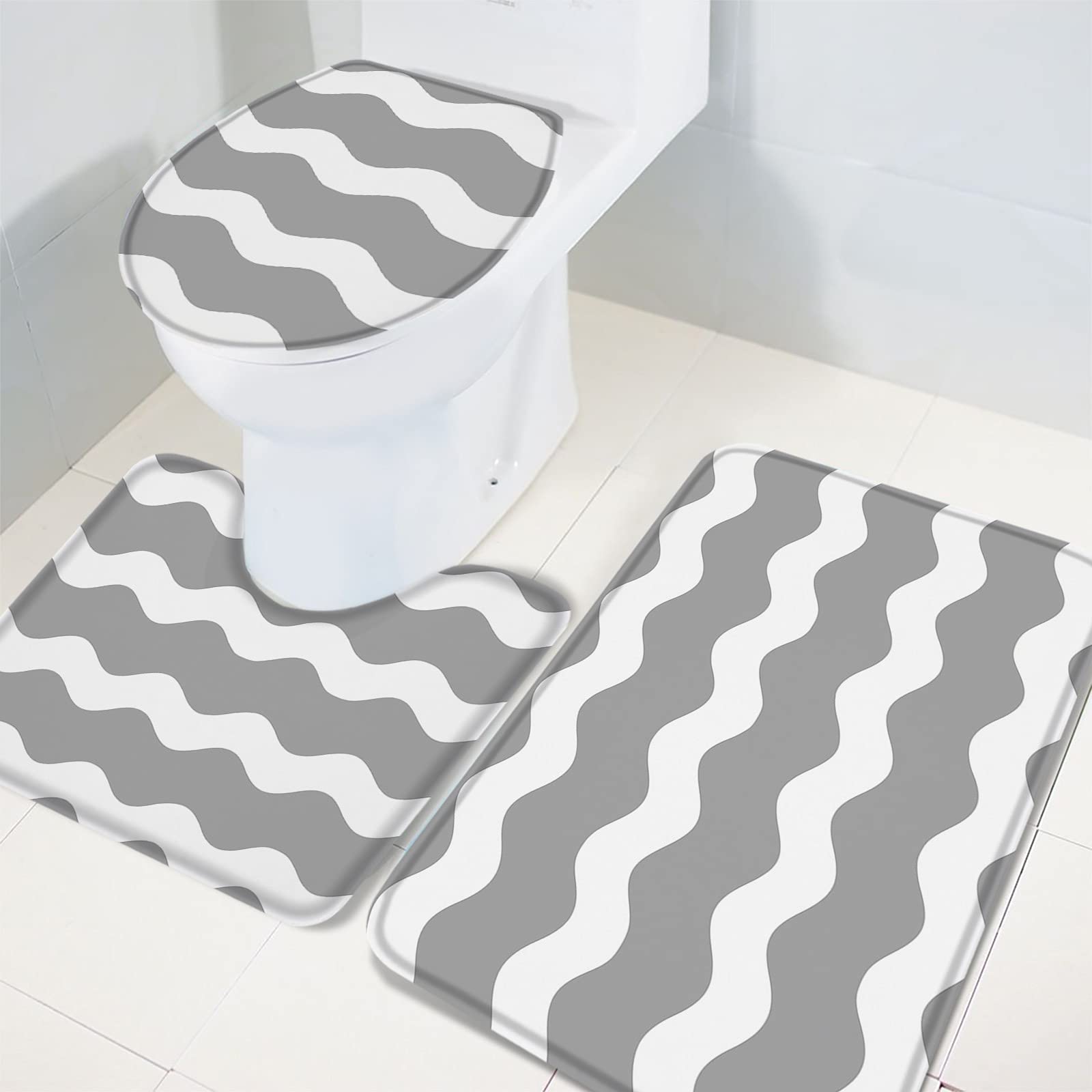 3-Piece Non-Slip Bathroom Rug Set - Gray & White Wave Design Contour Mat, Toilet Lid Cover & Absorbent Shower Mat | Soft Minimalist Stripes Bath Mats for Modern Bathrooms, Spa-Like Comfort & Slip Protection