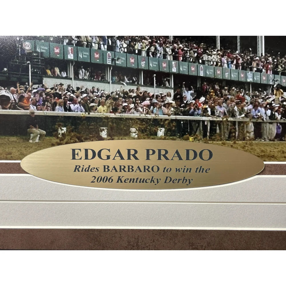 Edgar Prado Autographed Barbaro Horse Racing Photo - Framed Collage with JSA COA & Signed Horseshoe - Perfect for Sports Memorabilia Collectors and Horse Racing Fans