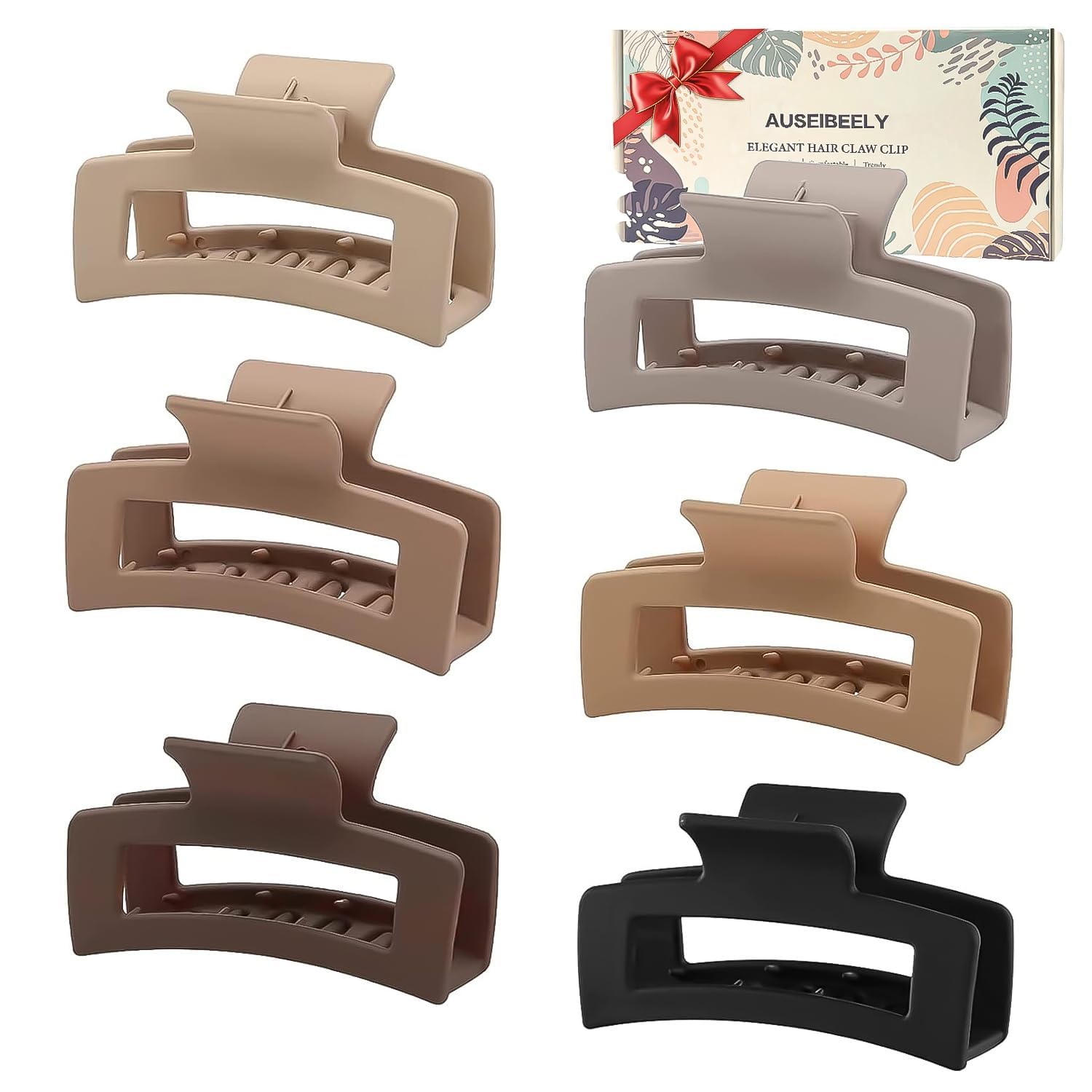 6 Pack Square Hair Claws for Women & Girls - 3.5 Inch Medium Non-Slip Rectangular Matte Hair Clips with Strong Hold - Jumbo Hair Styling Accessories (Brown) - Perfect for Ponytails, Buns & Everyday Hairstyles