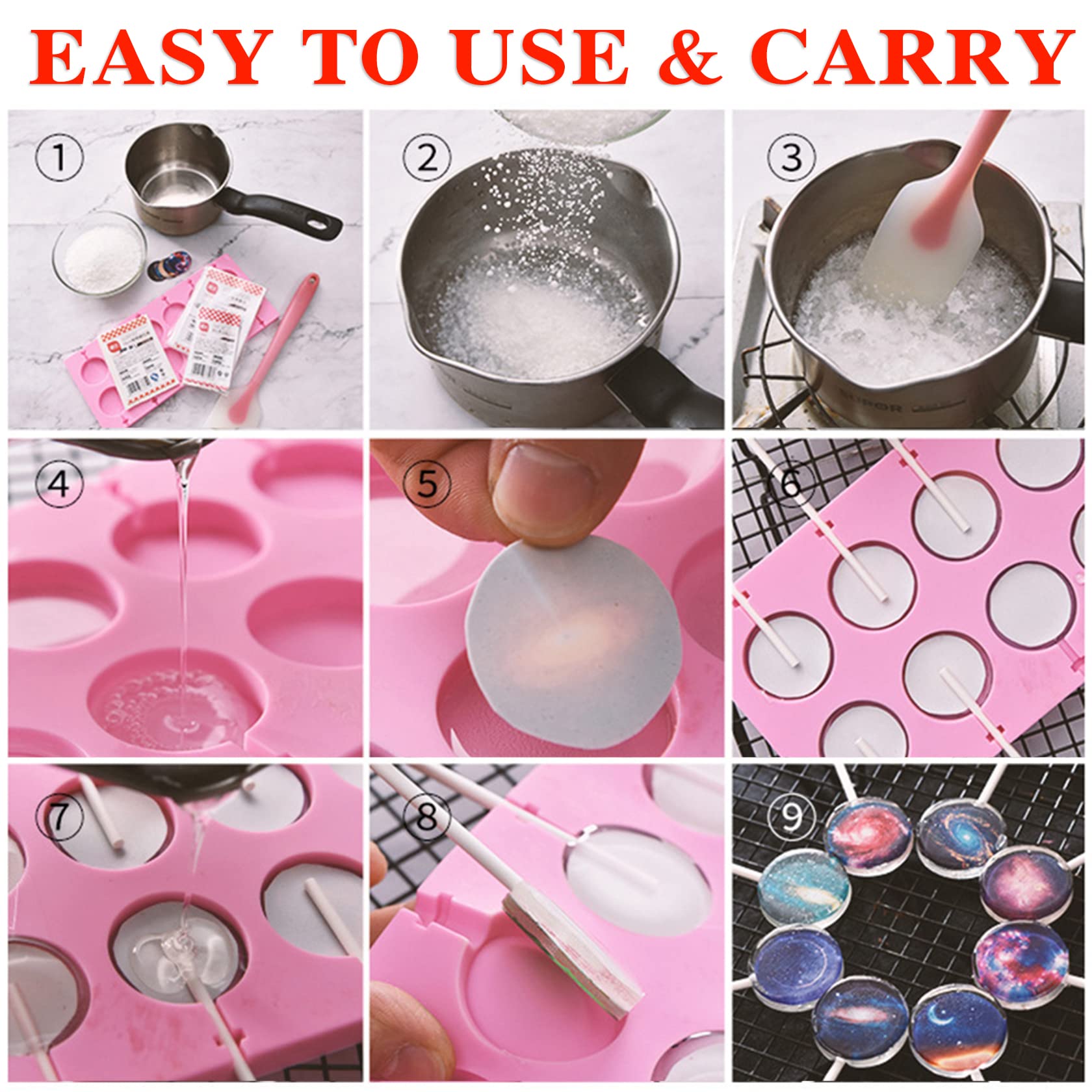 8-Cavity Round Silicone Lollipop Molds - Non-Stick Chocolate Candy Molds with 20 Sticks for Hard Candies, Chocolate, Bread & Jellies - Perfect for DIY Treats, Party Favors and Home Baking (Suction Cup Base Included)
