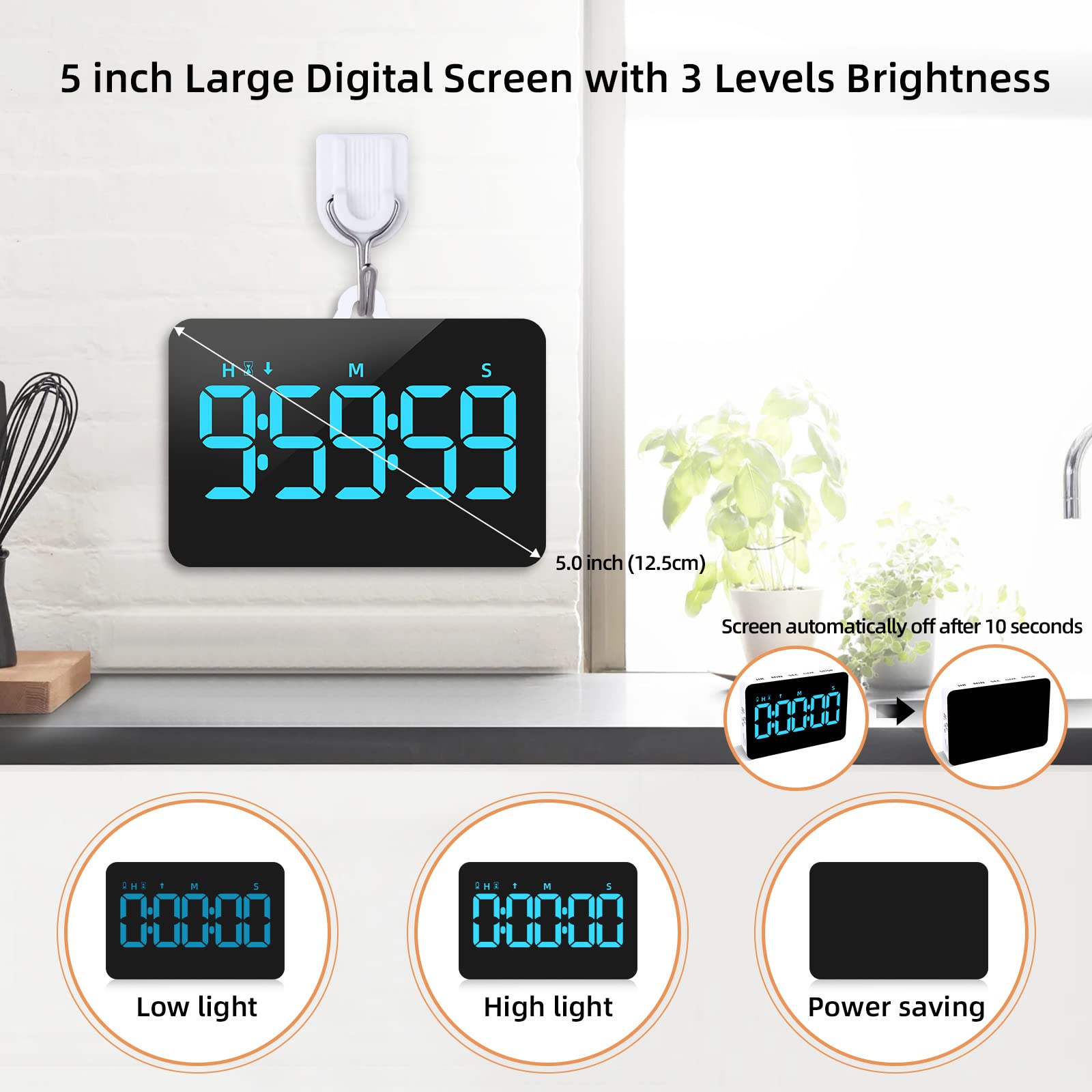 Rechargeable Digital Kitchen Timer with Magnetic Back - Countdown/Countup, 5