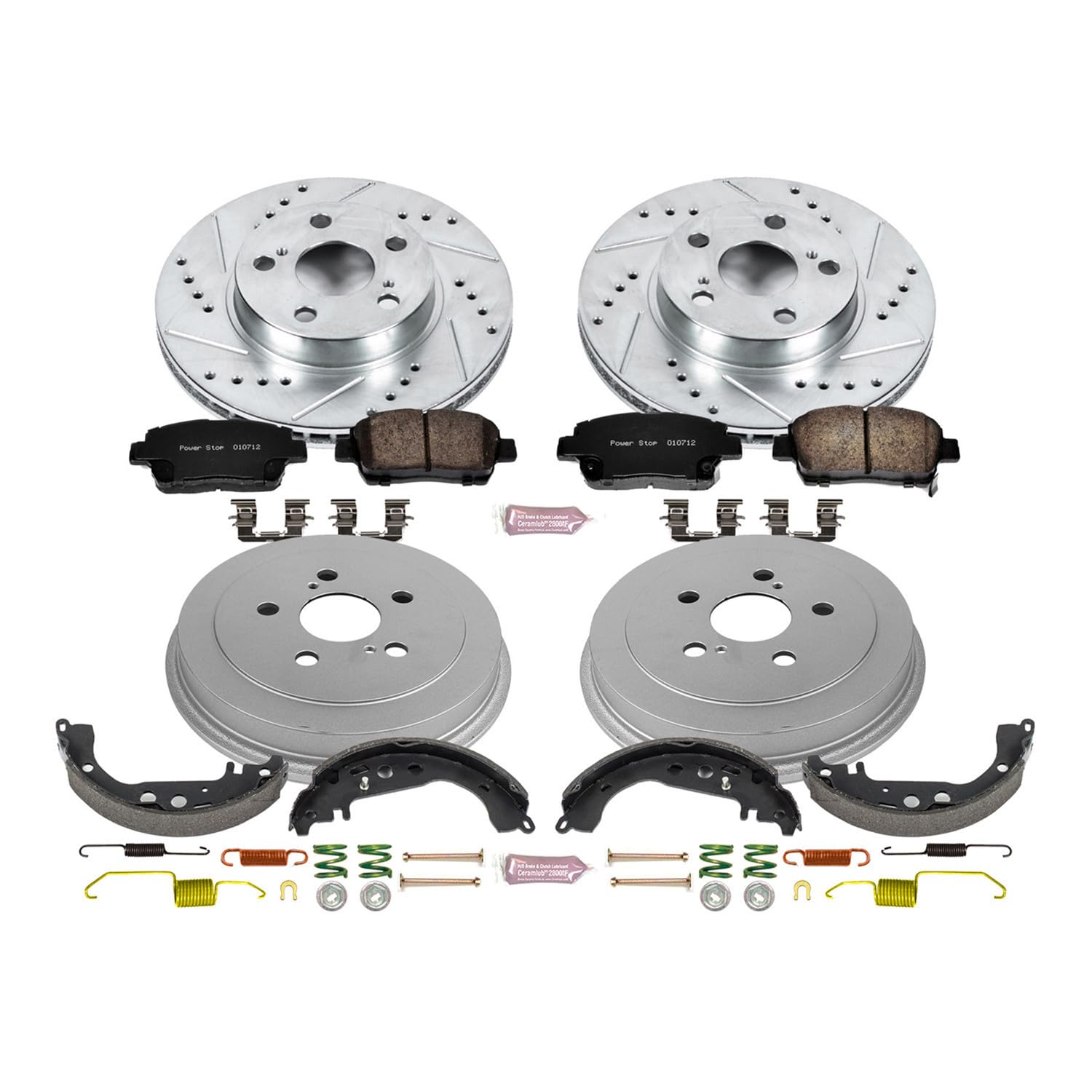 Power Stop K15202DK Front & Rear Z23 Carbon Fiber Brake Pads with Drilled & Slotted Brake Drums Kit - Compatible with Toyota Prius 2004-2008 | High-Performance Braking for City Driving & Hybrid Vehicles