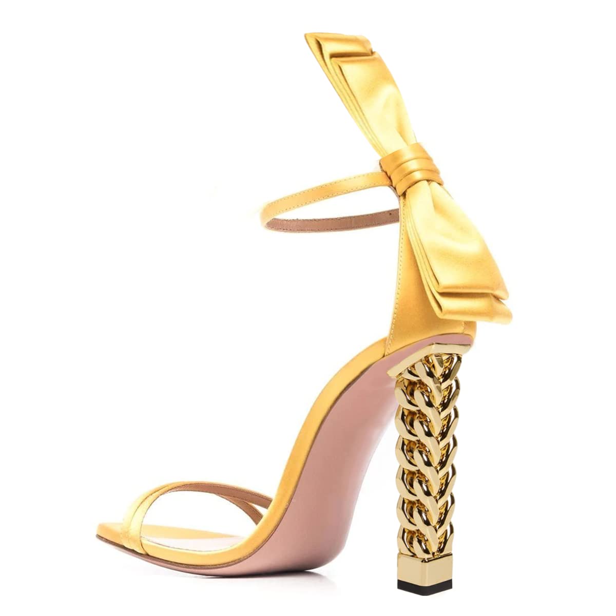 FSJ Women's Gold Metal Chain High Heel Sandals - Strappy Open Toe Ankle Strap Slingback Dress Pumps - Comfortable Summer Shoes for Weddings, Parties & Date Nights (Yellow, US Size 4-15)