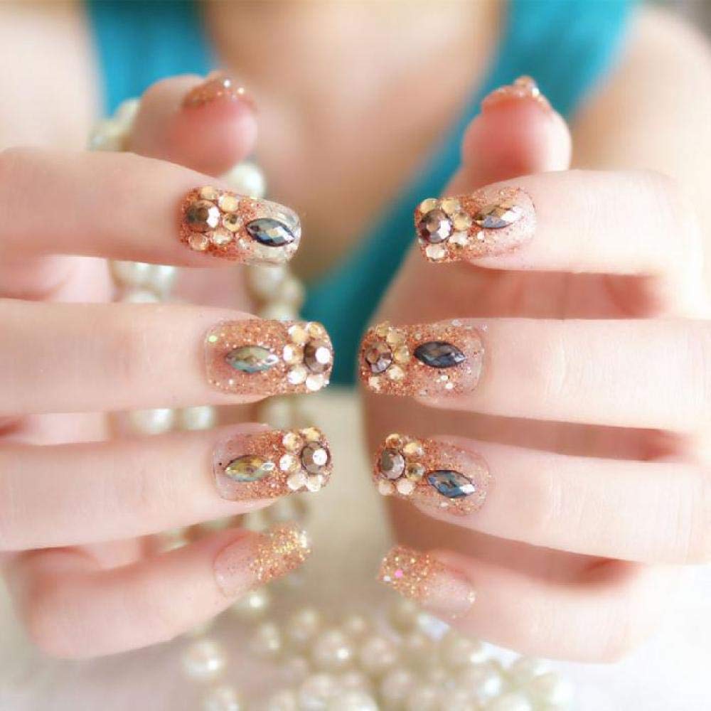 24PCS Glitter False Nails Set - Shining Rhinestone Nail Tips with Bright Powder for Wedding, Bridal & Party | Bohemian Style Press on Nails for Women | Perfect for Special Occasions & Nail Art Lovers