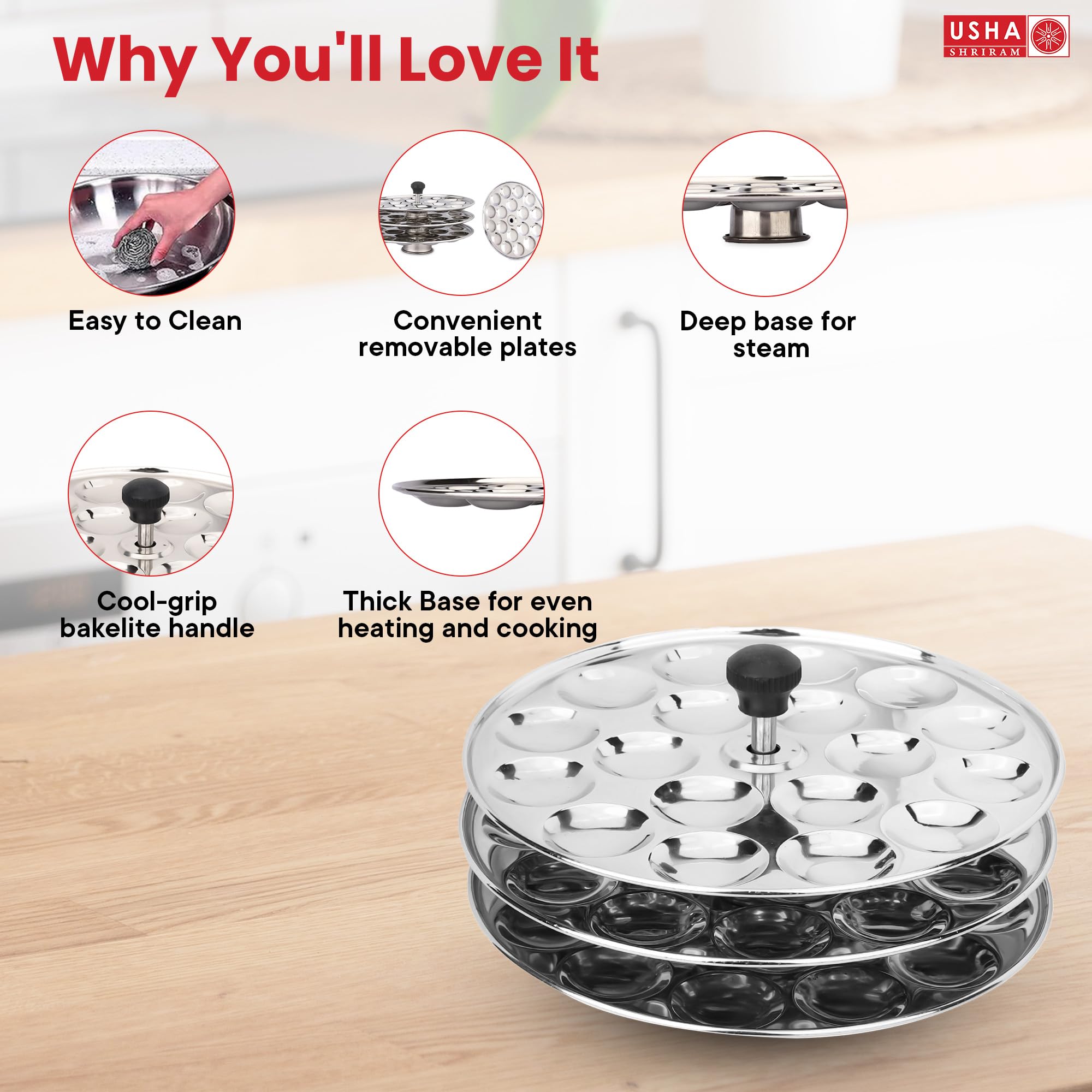USHA SHRIRAM Stainless Steel Mini Idli Plates with Removable Bakelite Handle - 3 Round Idli Maker Stand for Pressure Cooker | Perfect for South Indian Breakfast, Homemade Idli Cooking & Traditional Indian Kitchen Essentials