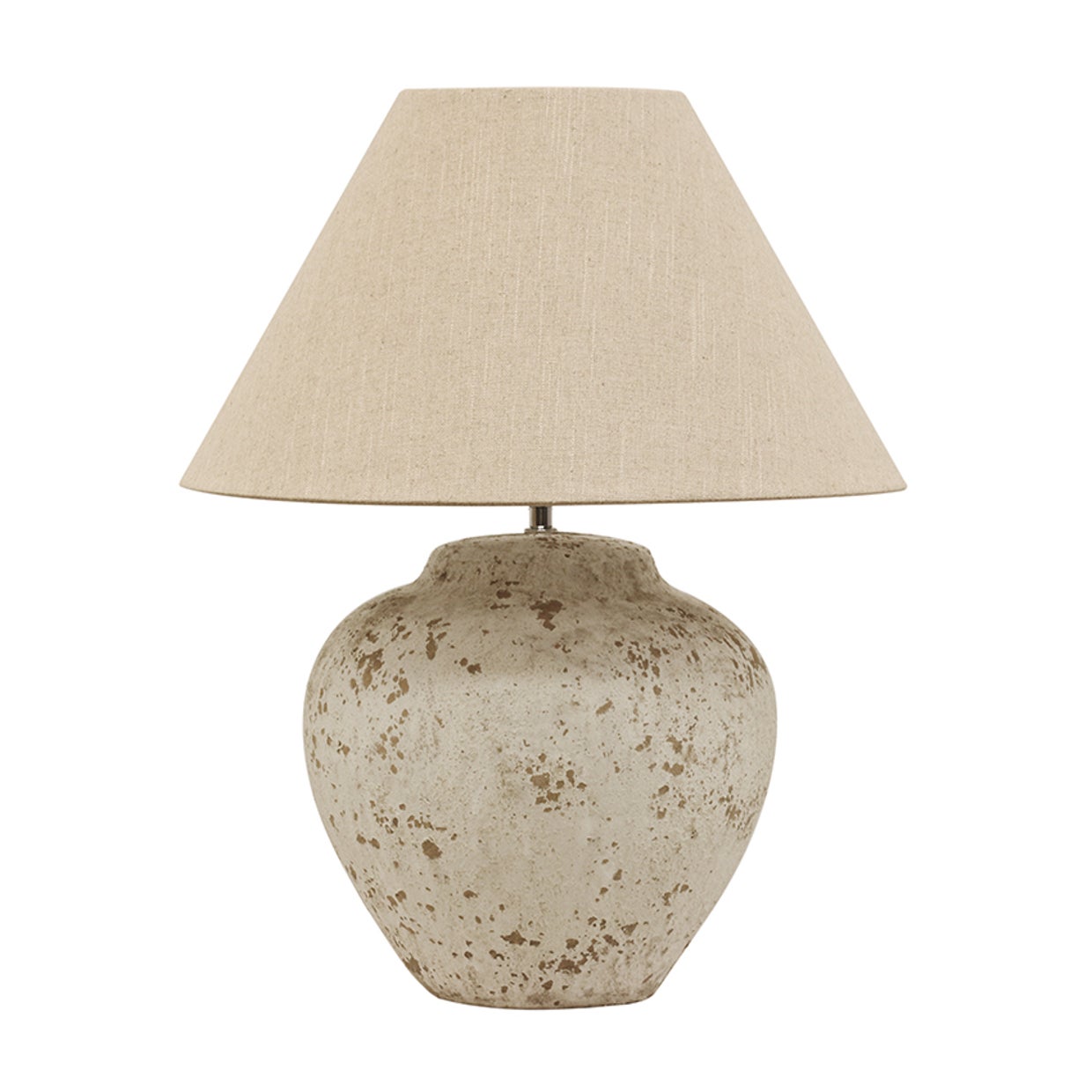 Tuscan Stone Lamp Base with Linen Shade - Medium Size Table Lamp for Living Room, Bedroom, or Office Decor