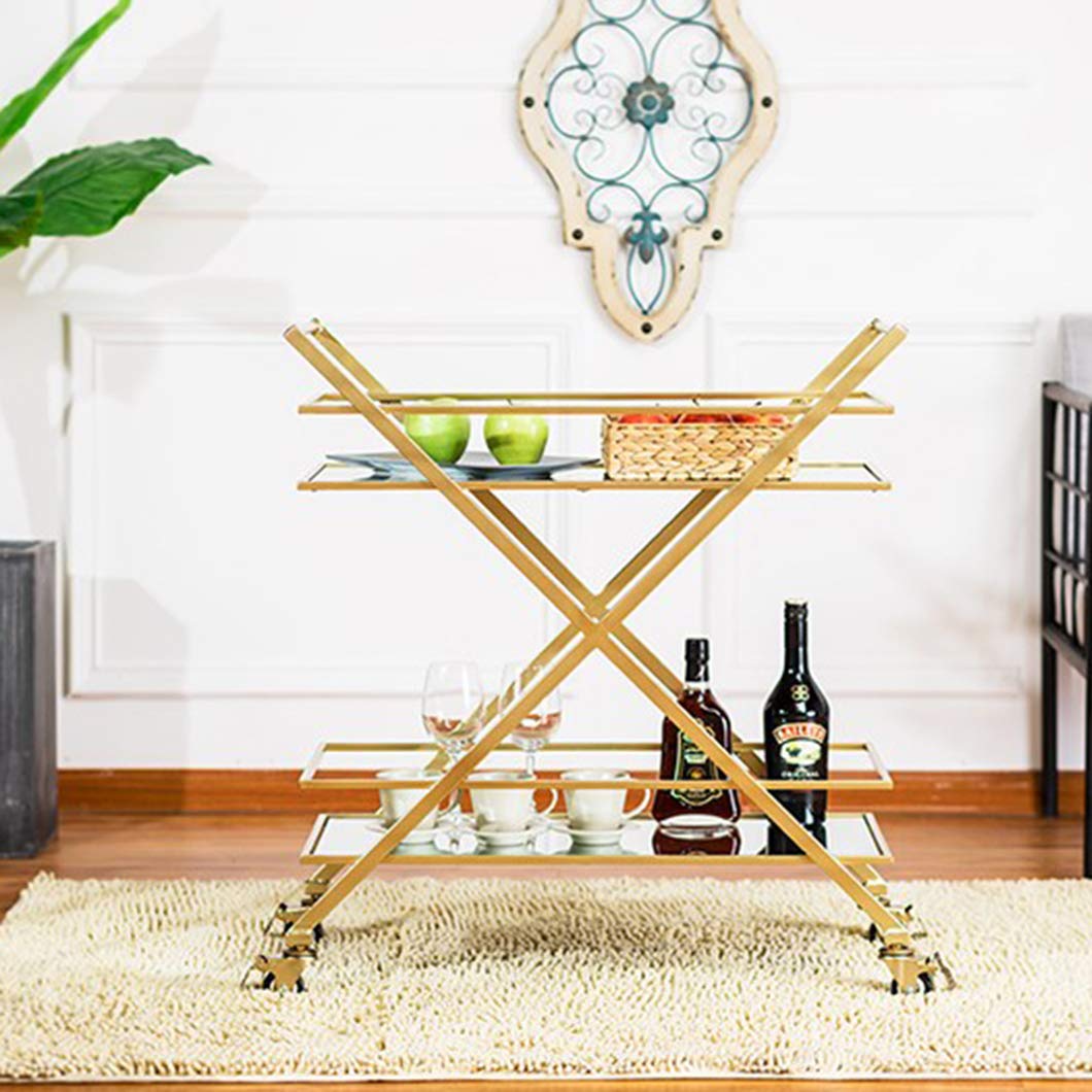 SYTH Industrial Bar Cart with Iron Frame & Glass Shelves - Gold Liquor Display Cabinet for Home, Kitchen, or Pub | Perfect for Cocktail Serving, Wine Storage & Party Hosting