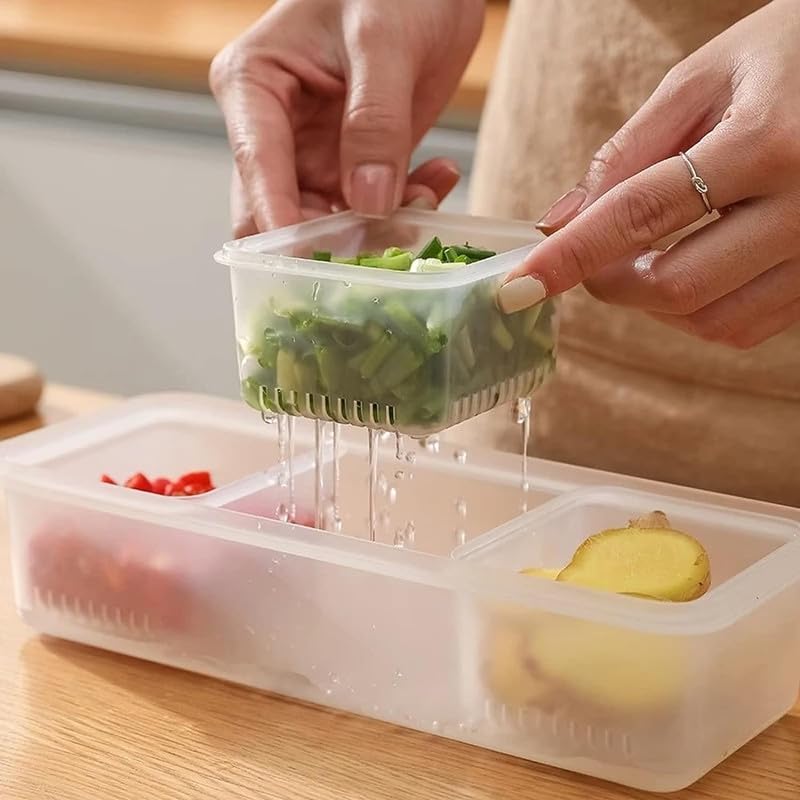 MosQuick® 3-Grid BPA-Free Food Storage Containers for Refrigerator - Airtight Kitchen Organizer for Vegetables, Fruits, Herbs & Garlic | Stackable Fridge Storage Bins | Perfect for Meal Prep, Leftovers & Grocery Organization