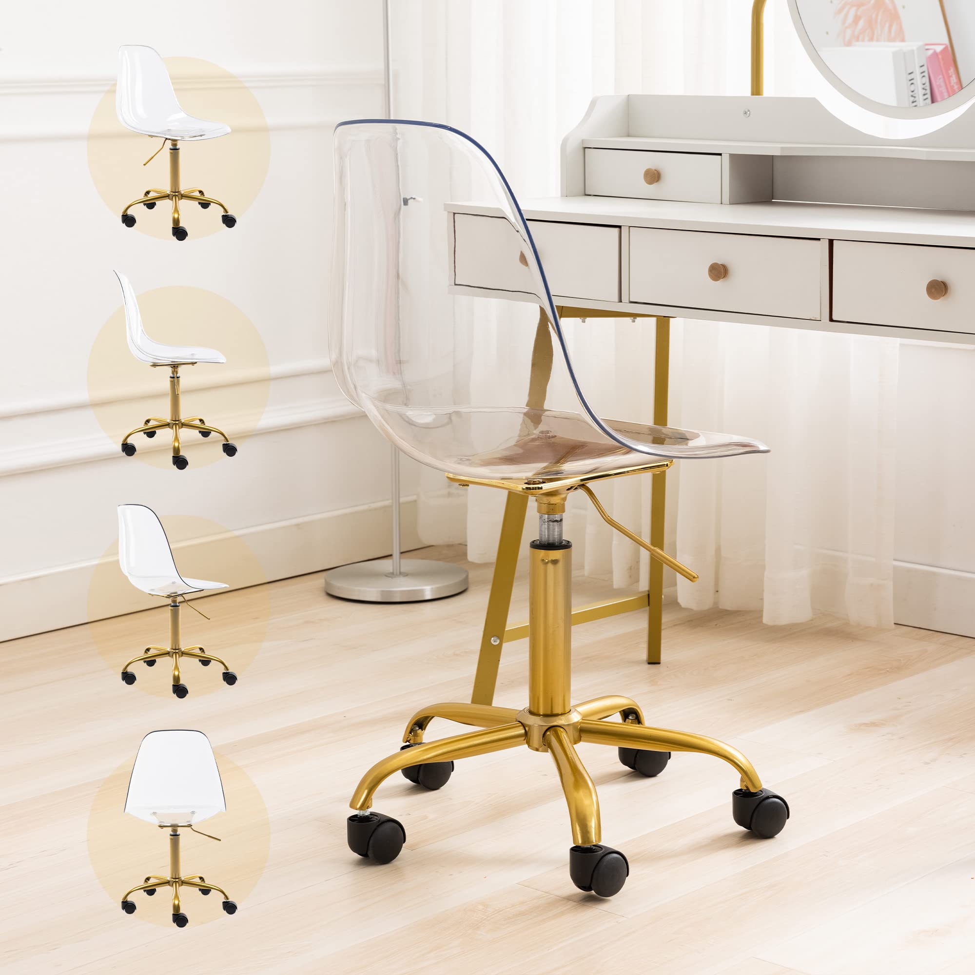 Modern Clear Acrylic Rolling Desk Chair - Adjustable Height Armless Office Chair with Wheels for Home, Vanity, or Workspace | Small Plastic Ghost Chair for Stylish & Functional Seating