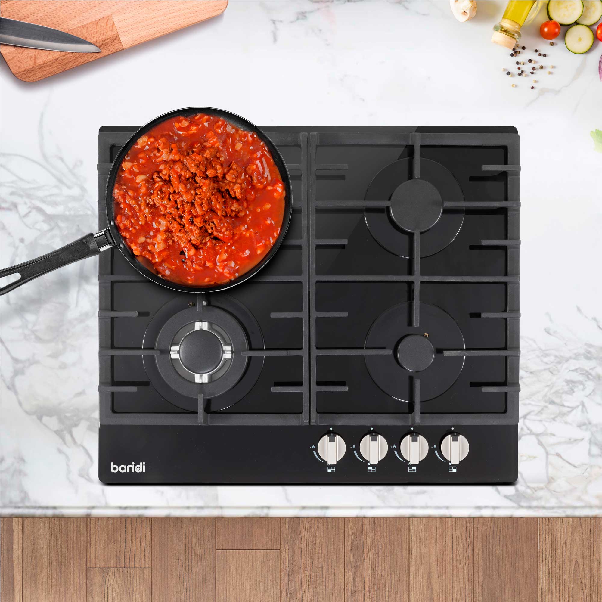 Baridi 60cm Built-In Gas on Glass Hob - 4 Burner with Cast Iron Pan Supports, Black Glass - Perfect for Modern Kitchens & Home Cooking (Model DH226)