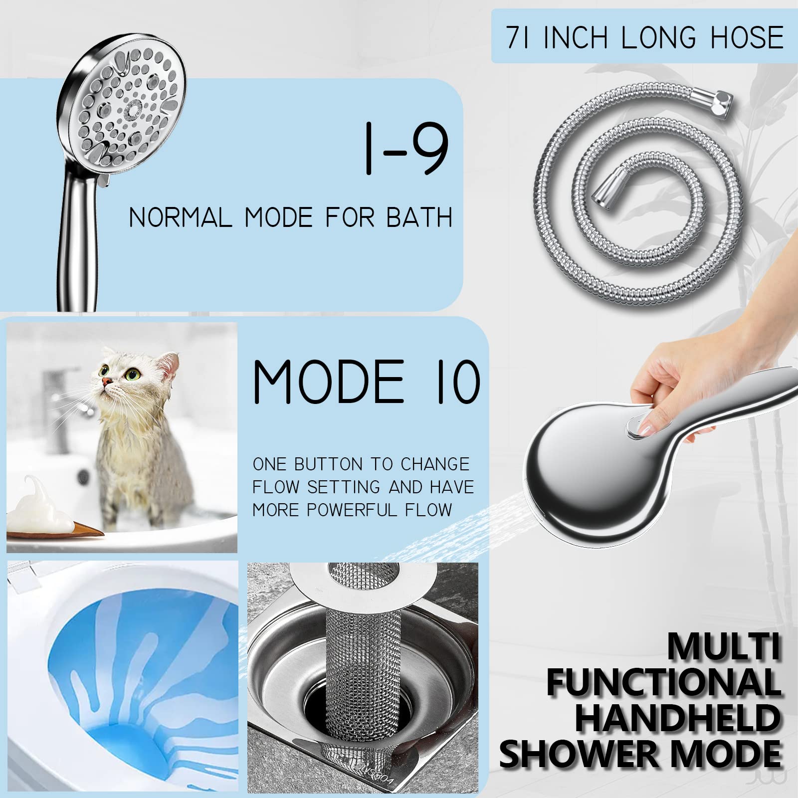 10-Setting Rainfall Shower System Wall Mounted - High Pressure Rain Shower Head with Handheld Sprayer & Valve - Polished Chrome Finish for Bathroom Luxury - Perfect for Spa-Like Showers & Modern Bathroom Upgrades