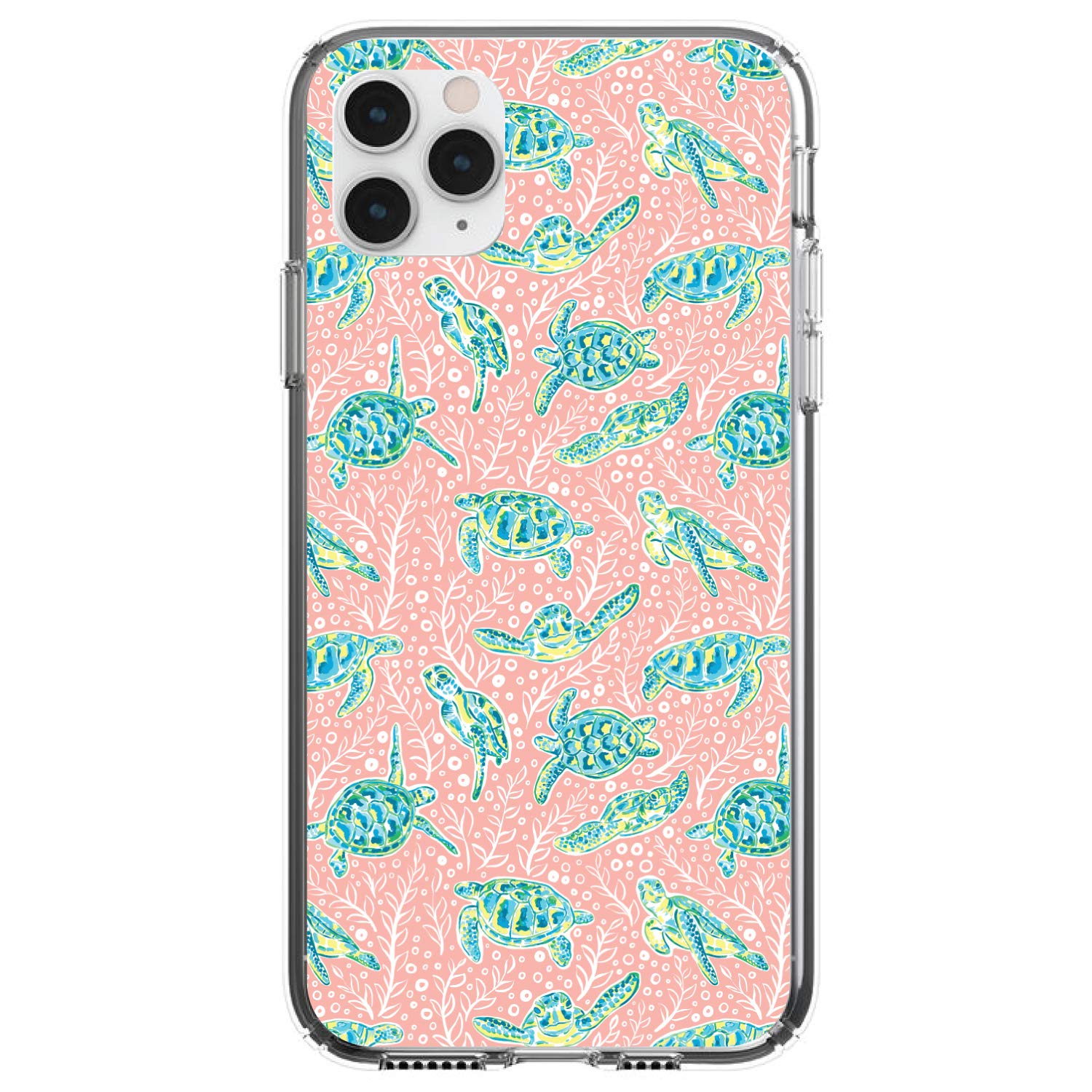 DistinctInk Clear Shockproof Hybrid Case for iPhone 13 Pro MAX (6.7 Inch) - TPU Bumper with Acrylic Back & Tempered Glass Screen Protector - Cute Turtle Pattern on Pink Background - Perfect for Daily Use, Outdoor Activities & Gift Giving
