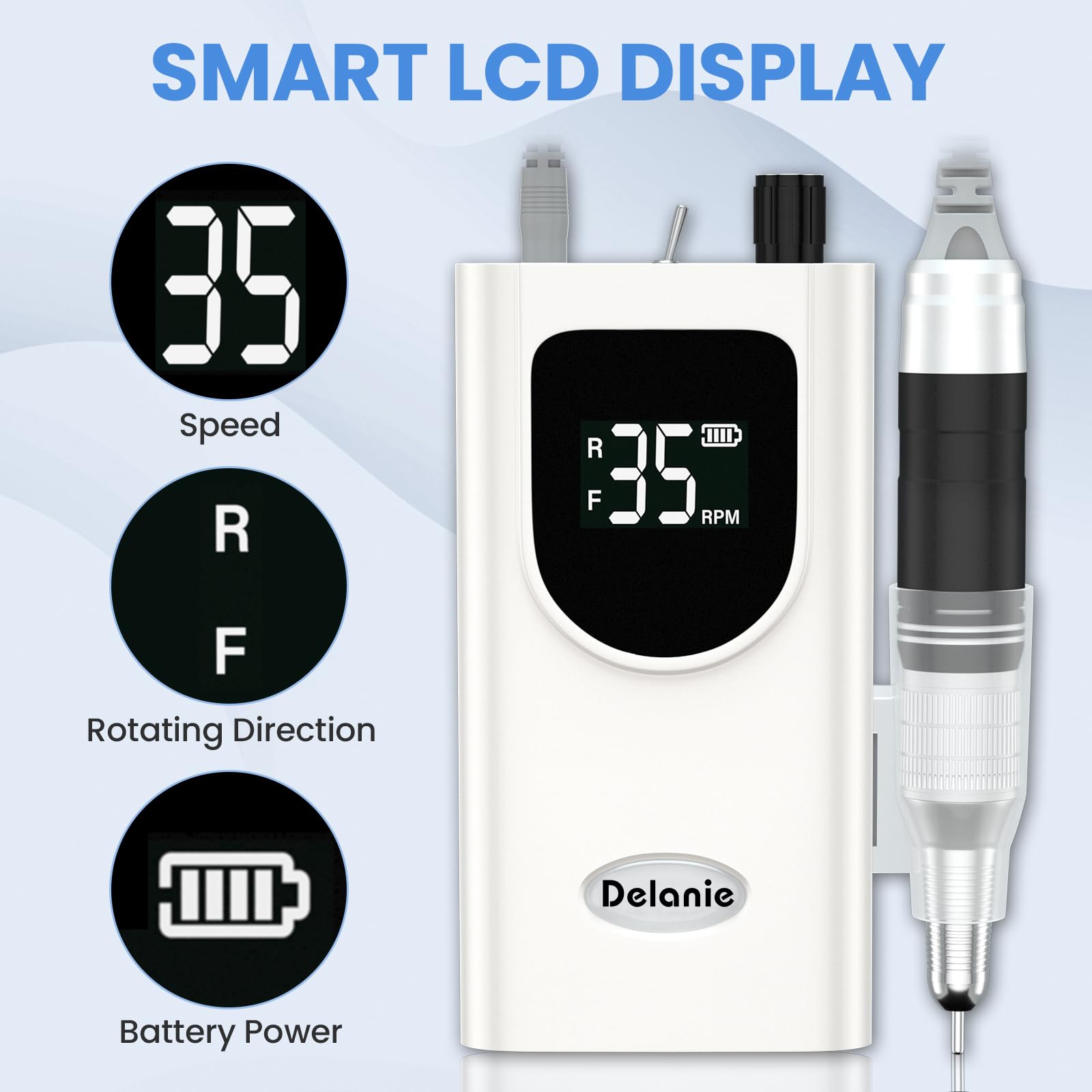 Delanie Professional Portable Electric Nail Drill Machine - 35000 RPM Rechargeable Cordless Nail Filer for Acrylic, Gel & Dip Powder Nails | Salon & Home Manicure Tool | Perfect for DIY Nail Art & Professional Use (White)