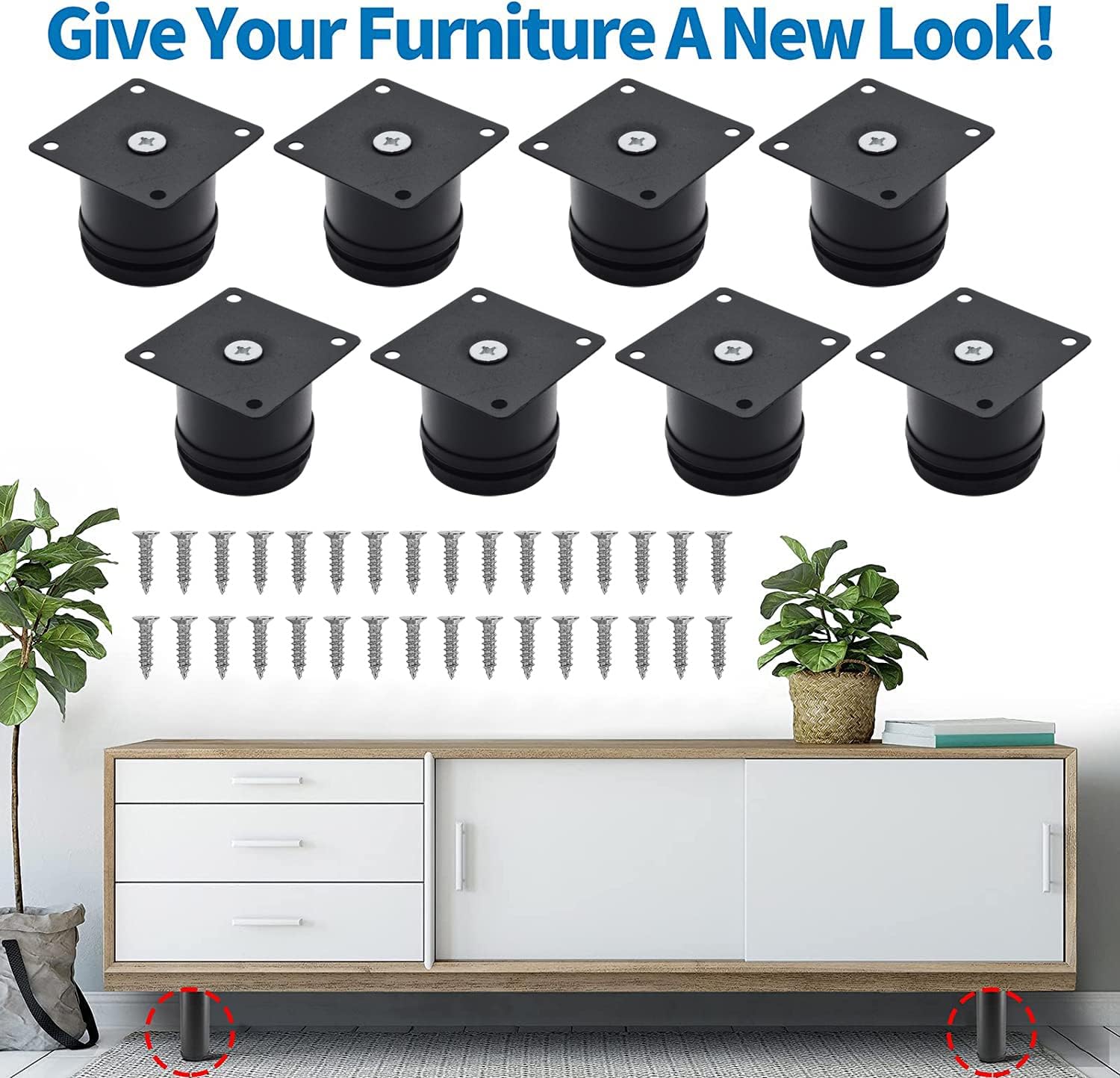 2 Inch Adjustable Stainless Steel Furniture Legs - Round Black Metal Cabinet Legs for Coffee Table, Desk, Sofa & Shelves (Pack of 8) - Perfect for Modern Home & Office Furniture Upgrades