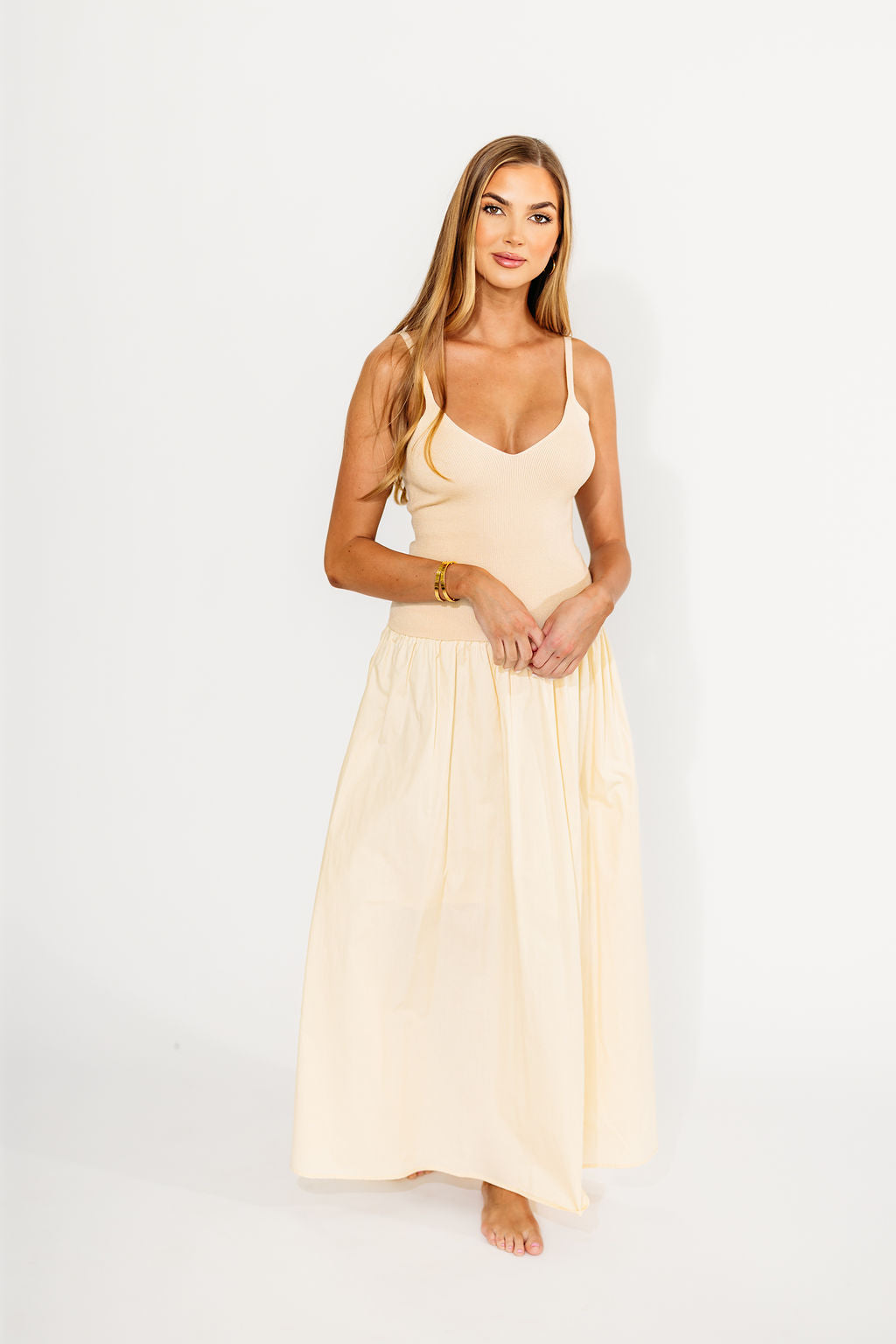 Gaby V Neck Mixed Media Maxi Dress in Cream - Elegant Flowy Long Dress for Women, Perfect for Weddings, Parties & Special Occasions